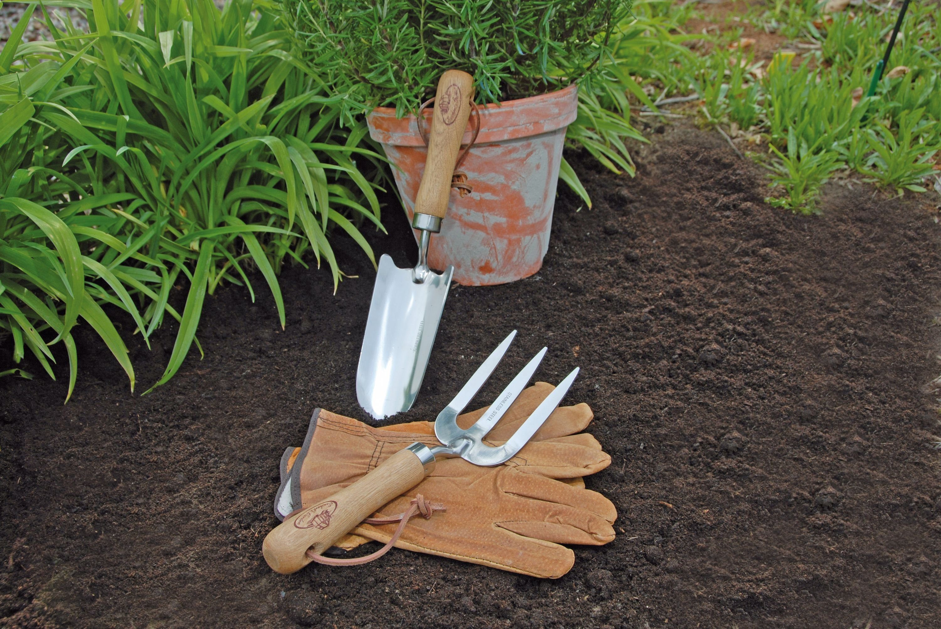 esschert design Gartenpflege-Set 3er Set Gartenset Blumenkelle Handgabel Lederhandschuhe Geschenk