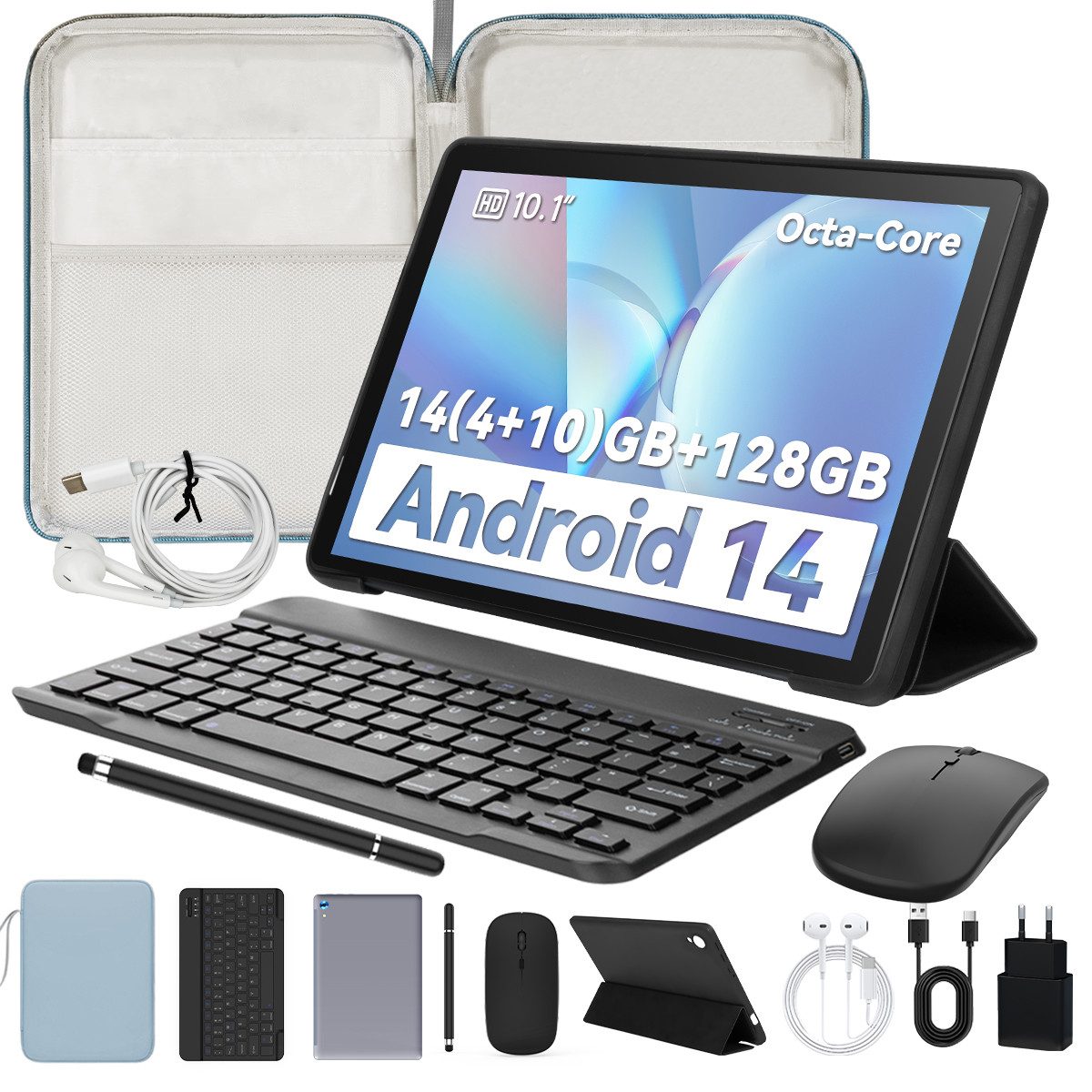 10 Zoll, 128 GB, mit Tastatur Maus Stift hülle, Android 14 Tablet