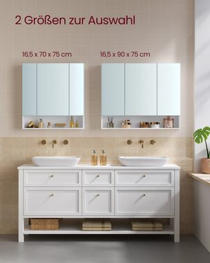 VASAGLE Spiegelschrank Badezimmerschrank mit 3 Türen, offenes Fach, verstellbare Ablagen