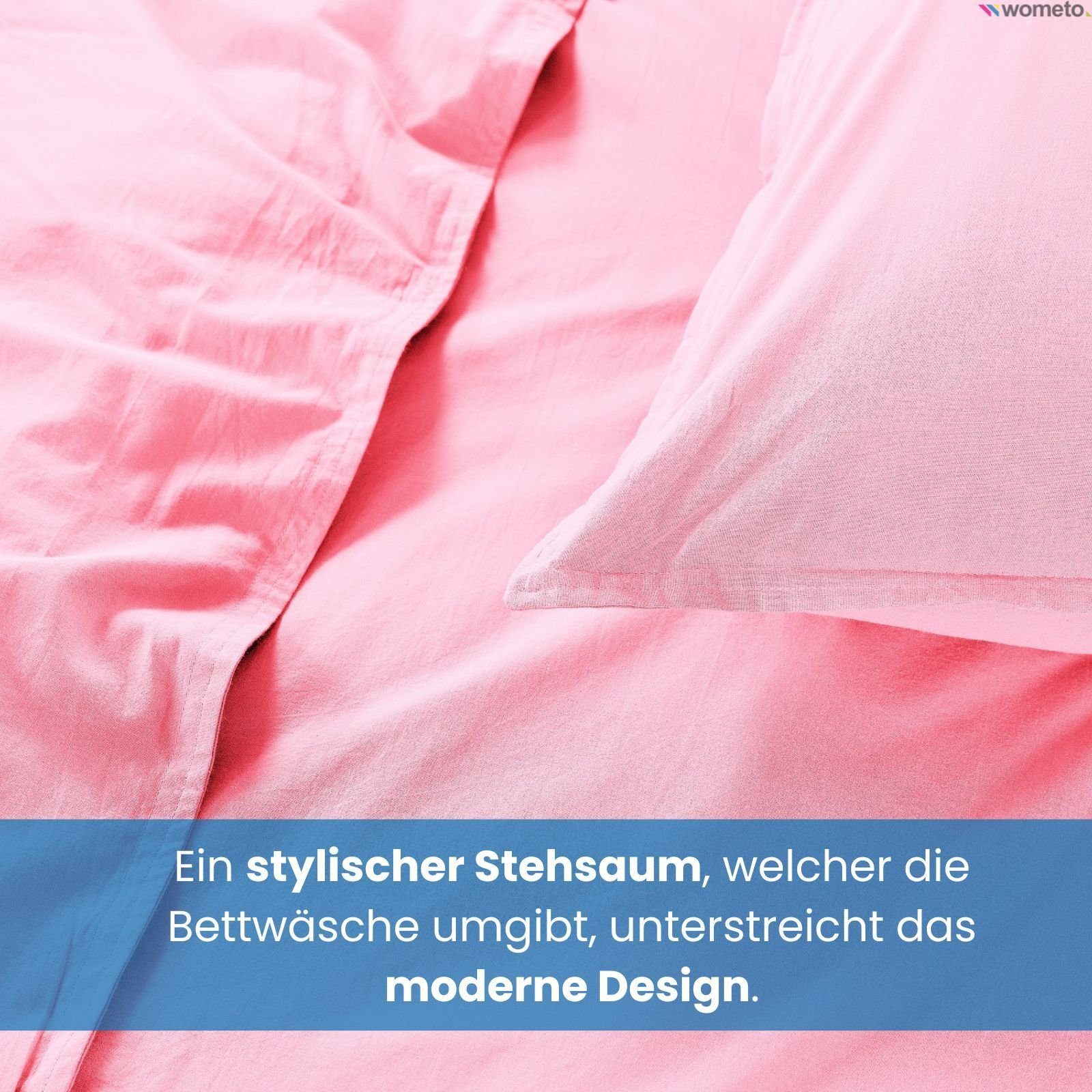 2 teilig, Stone Used-Effekt Baumwolle, Bettwäsche Washed, wometo, mit rosa Baumwolle Stehsaum