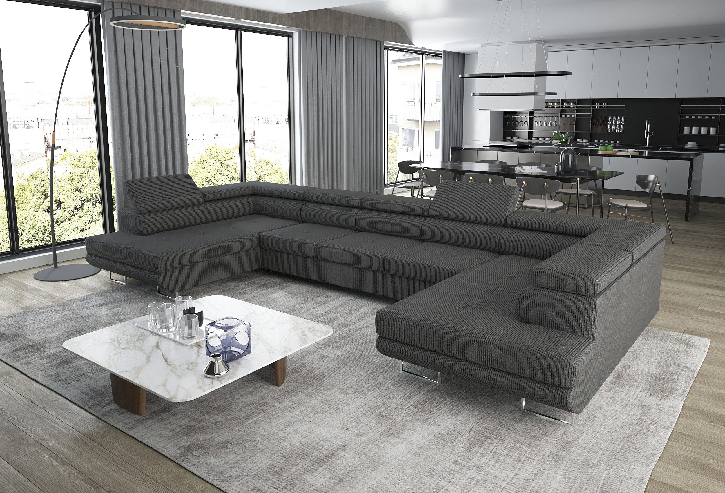 thematys Ecksofa Aston U 403 x 203cm mit Schlaffunktion & Bettkasten –, U-Sofa mit verstellbaren Kopfstützen, Samt (Monolotith), oder Cord (Poso), - U-Form, XL-Wohnlandschaft, 390 cm breit