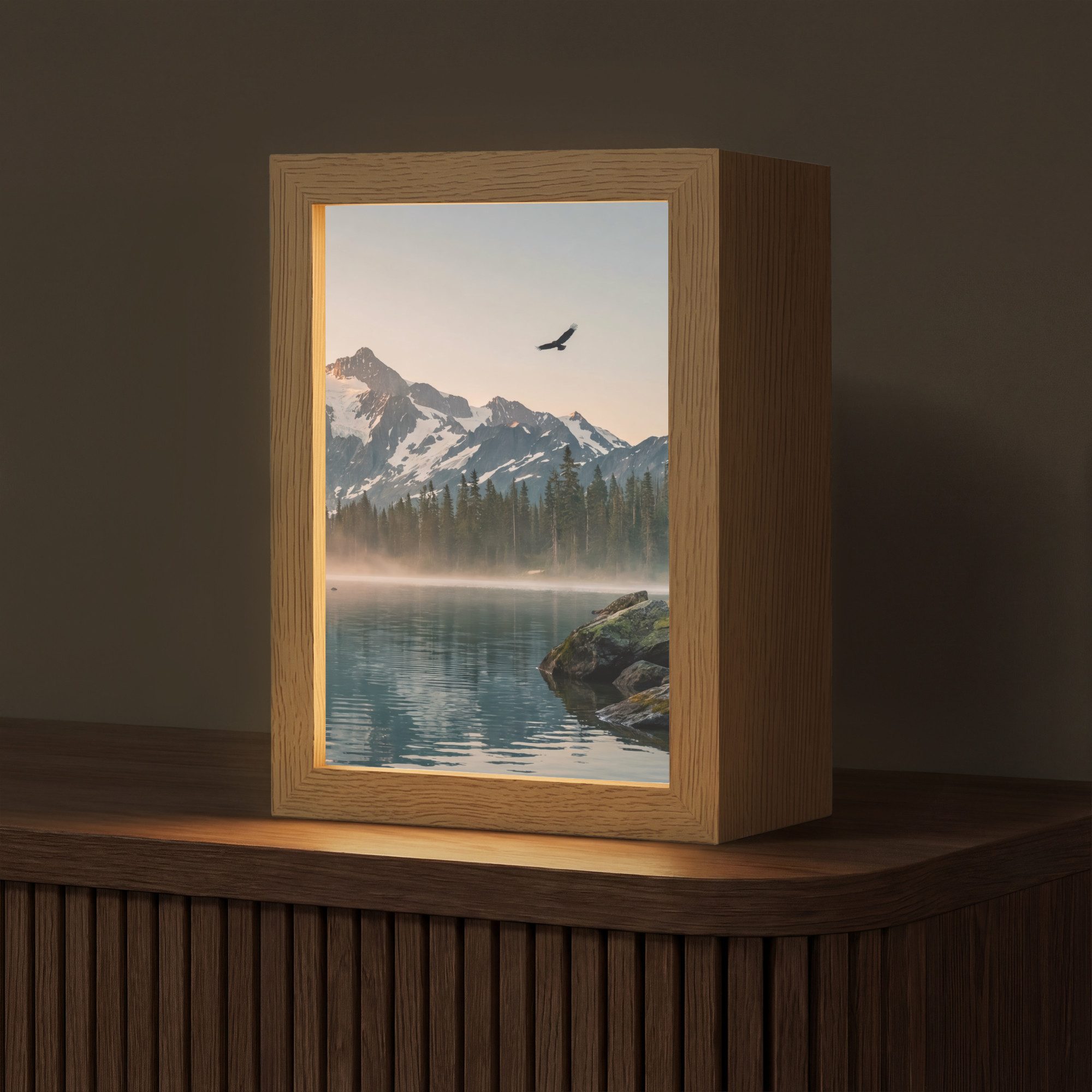 OnlyWow Tischleuchte Lightbox Berge - Wasser - Bäume, Dimmbar, Farbwechsel, LED, Warmweiß, Kaltweiß, Neutralweiß Einstellbar, Tischlampe, Schreibtischlampe, Desk, Dimmbar, mit Kabel, LED