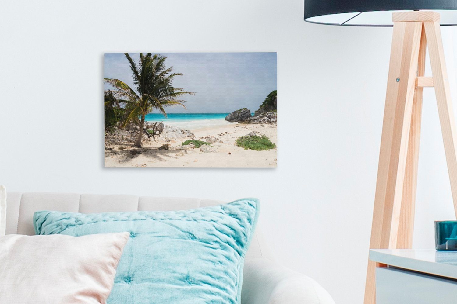 Aufhängefertig, Wanddeko, Ein St), mit Tulum-Nationalpark weißer cm Palmen (1 Sandstrand Wandbild Leinwandbilder, im Mexiko, OneMillionCanvasses® in Leinwandbild 30x20