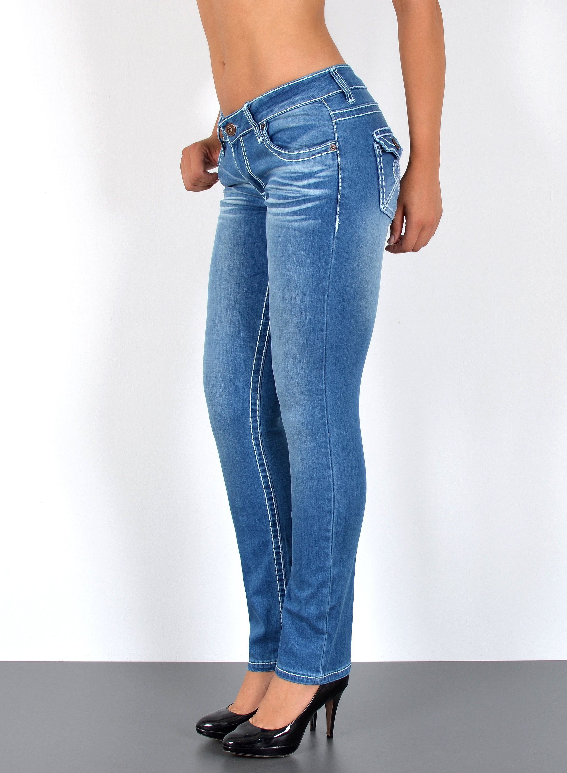 ESRA Straight-Jeans Straight Jeans Damen Jeans Hose weiße Naht Kontrastnaht bis Übergröße High Waist Jeans Damen Hose Stretch mit dicker Naht bis Plus Size