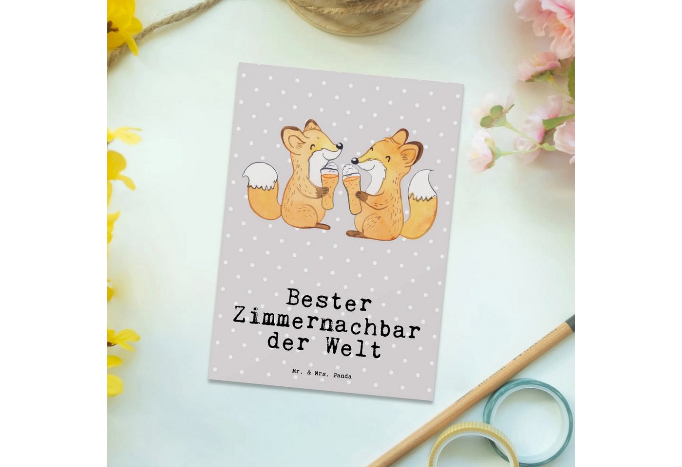 Thumbnail - Mr. & Mrs. Panda Postkarte Fuchs Bester Zimmernachbar der Welt - Grau Pastell - Geschenk, Dankes, Glänzende Vorderseite