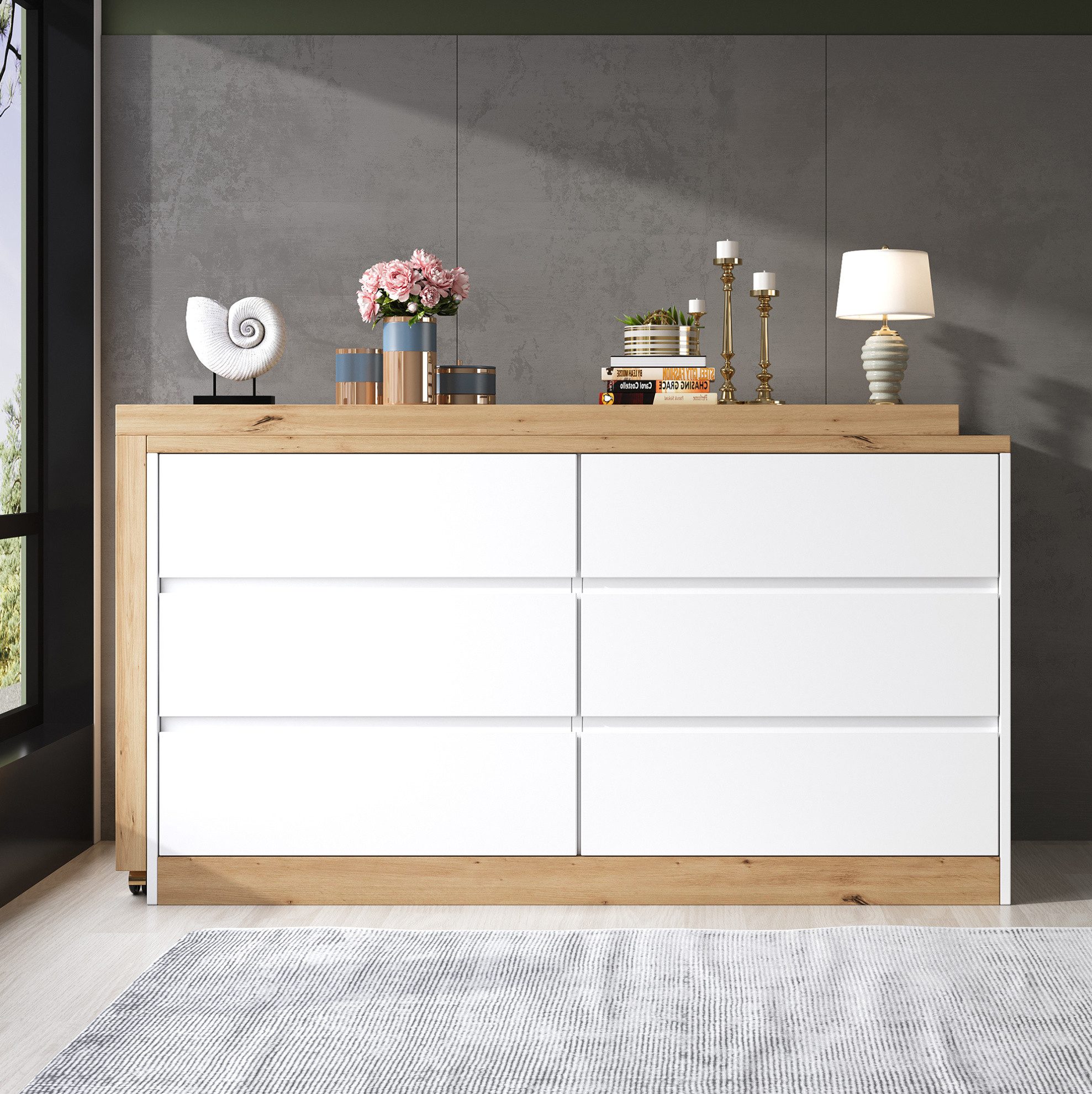 REDOM Eckschreibtisch Design-Tisch – drehbar, 6 Schubladen & Natur-Weiß (Packung, 1-St., Natur+Weiß, 120×78×50 cm, für moderne Räume), 4 cm dicke Platte, Rollen mit Bremsen, vielseitig