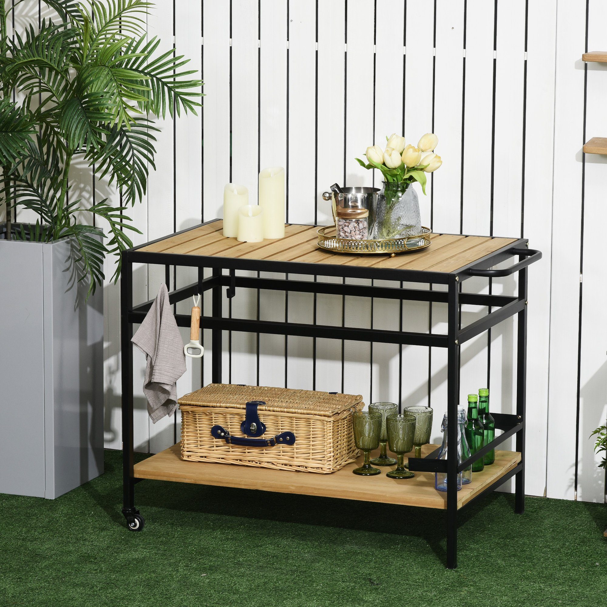 Outsunny Servierwagen Outdoor Multifunktionstisch mit Rollen, für Garten, B günstig online kaufen