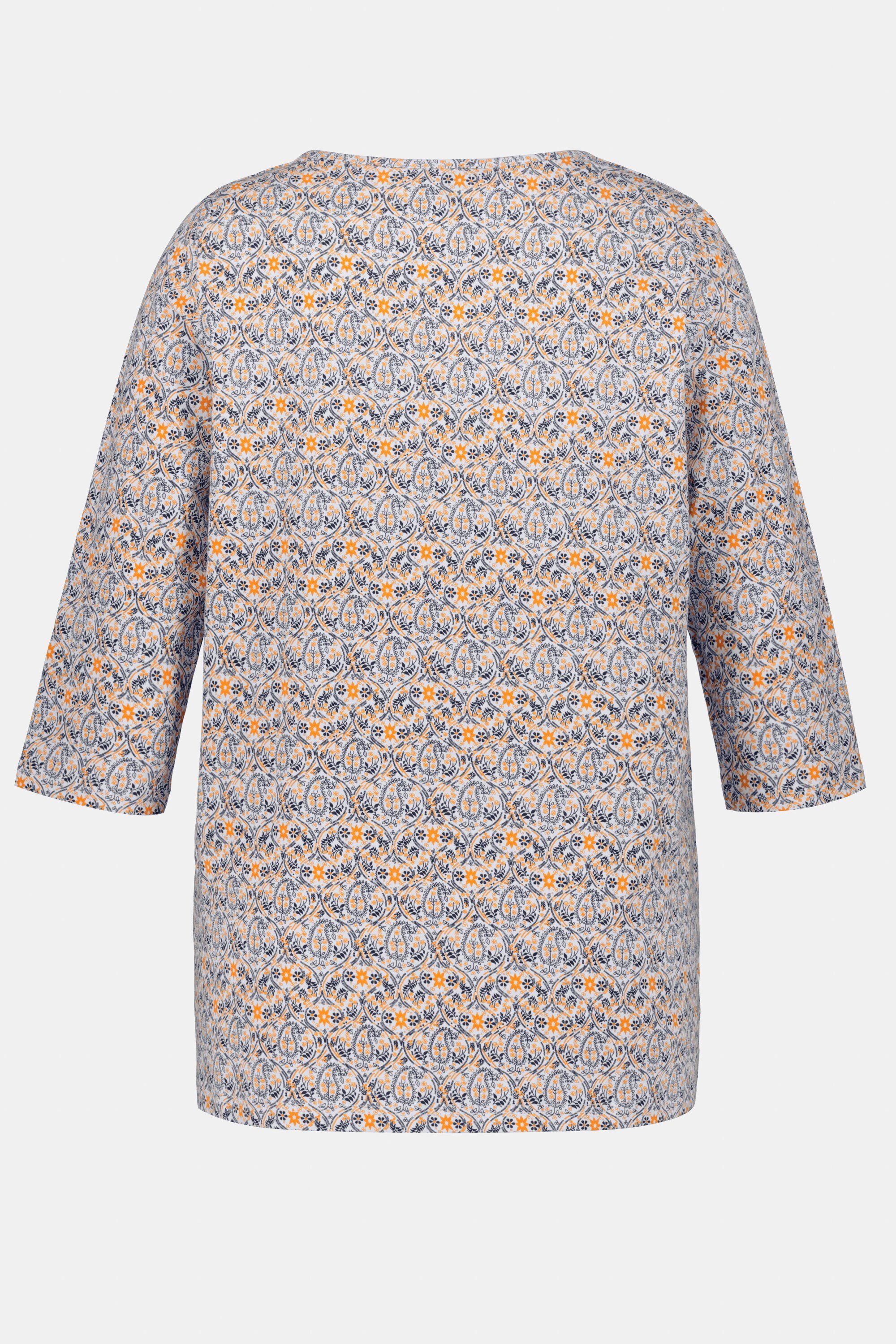 Damen Shirts Ulla Popken Rundhalsshirt Shirt Paisley-Blüten A-Linie V-Ausschnitt 3/4-Arm