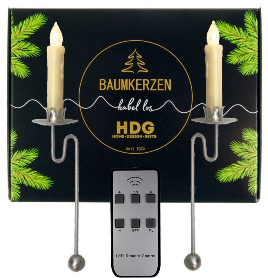 hdg LED-Christbaumkerzen weiß mit Fernbedienung Ø 15 mm, inkl. 6 silbernen  Balancehalter/Pendelhaltern made in Germany
