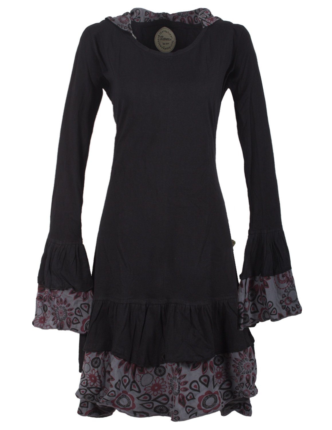 Vishes Jerseykleid Lagenlook Elfenkleid mit Zipfelkapuze und Rüschen Hippie günstig online kaufen