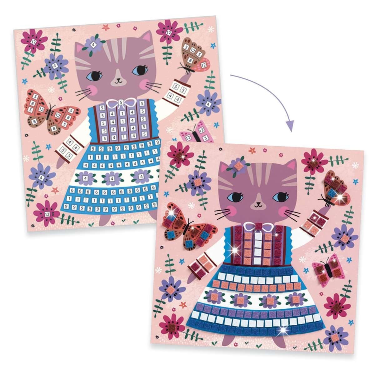 DJECO Kreativset Mosaik-Bastelset für Kinder ab 5, Tiermotive mit Moosgummi & Glitter