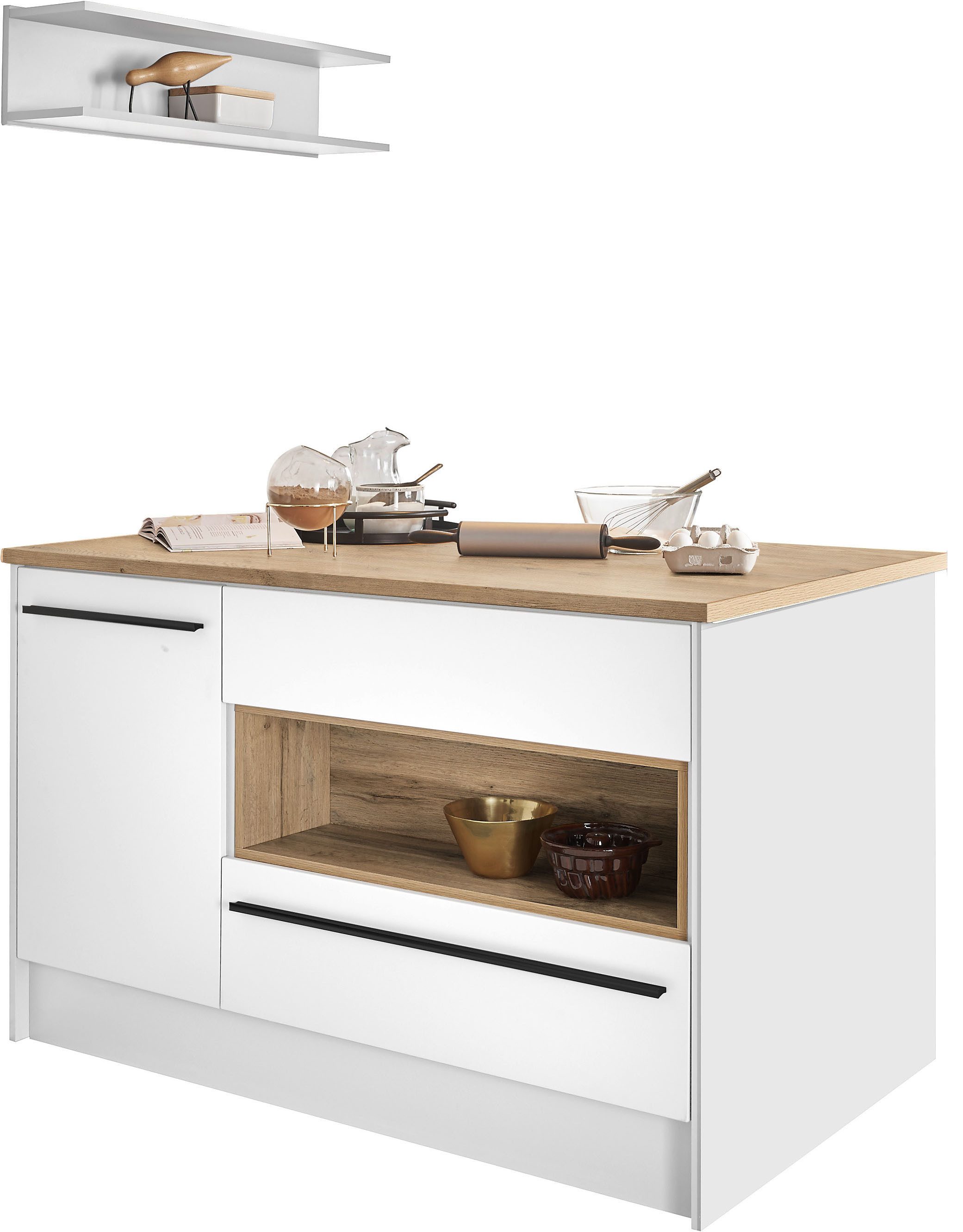 BASIC by Balculina Kücheninsel Denver, Kochinsel + Küchenregal BxHxT 145 x 90 x 90/BxHxT 90x22x21, Breite 145 cm, mit Tür, Schubkasten, Klappe und offenem Fach