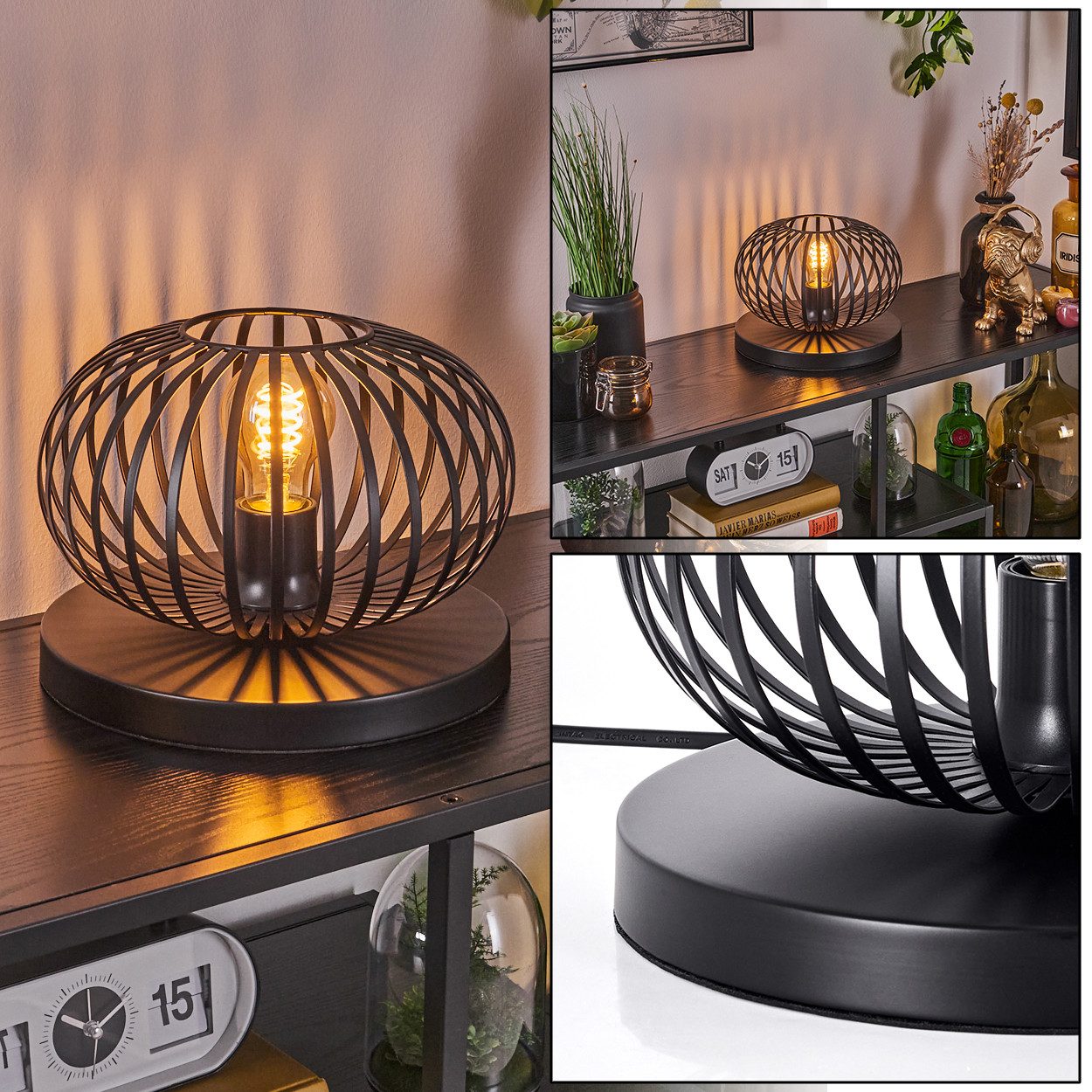 hofstein Tischleuchte Tischlampe aus Metall in Schwarz, ohne Leuchtmittel, Gitterschirmleuchte (25cm), Schalter, 1 x E27, ohne Leuchtmittel