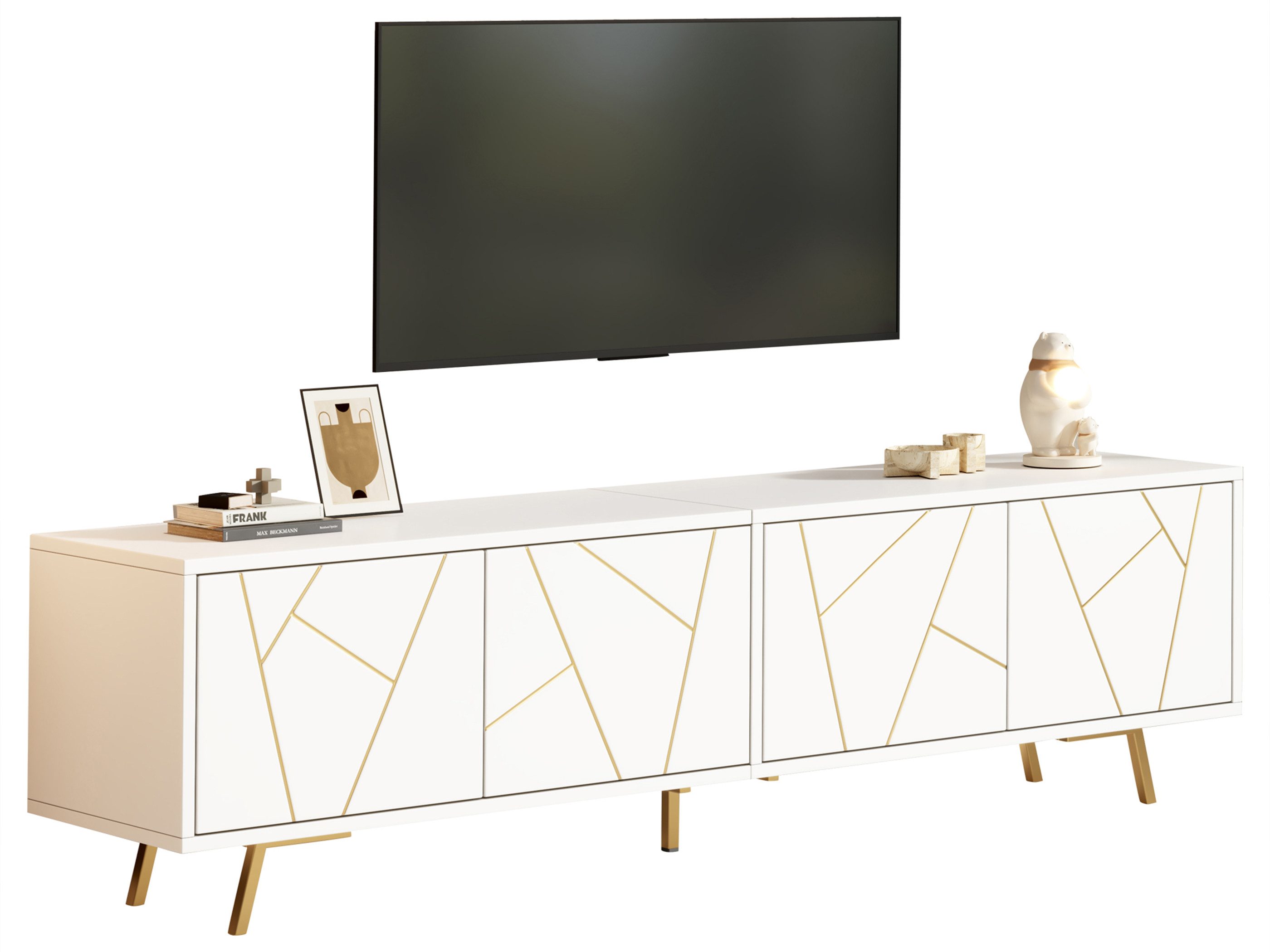SeedWave Lowboard Elegantes TV-Schrank 190cm mit Goldenen Leinen, 4 Türen & Stauraum, Fernsehschrank mit 5 Metallfüßen, Kabeldurchführung