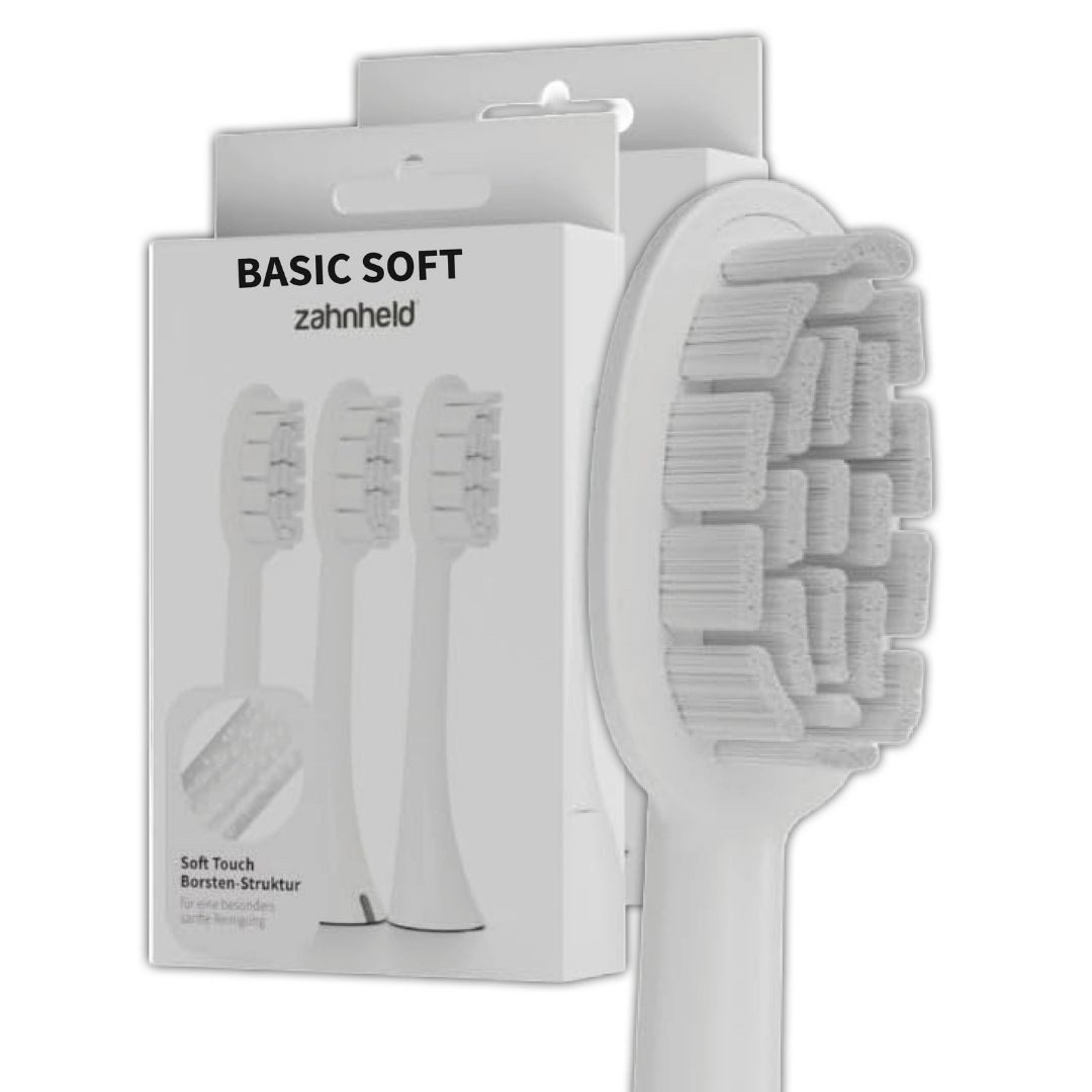 Zahnheld Aufsteckbürsten Ersatzbürsten Basic Soft - ideal für Schallzahnbürste Gero, im 3er, 6er oder 9er Set, Zahnpflege Set, sensibles Zahnfleisch & Zähne, plastikfrei verpackt, 6 Stück, weiß
