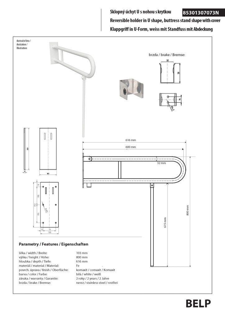 BRILLANTBAD® Stützklappgriff BELP Stützklappgriff U-Form mit Standfuß Eisen Weiß Bad & WC >> Bohren