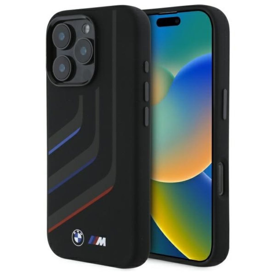 BMW Handyhülle Backcover iPhone 16 Pro Max Silikon schwarz Tricolor MagSafe 6,9 Zoll, Kantenschutz