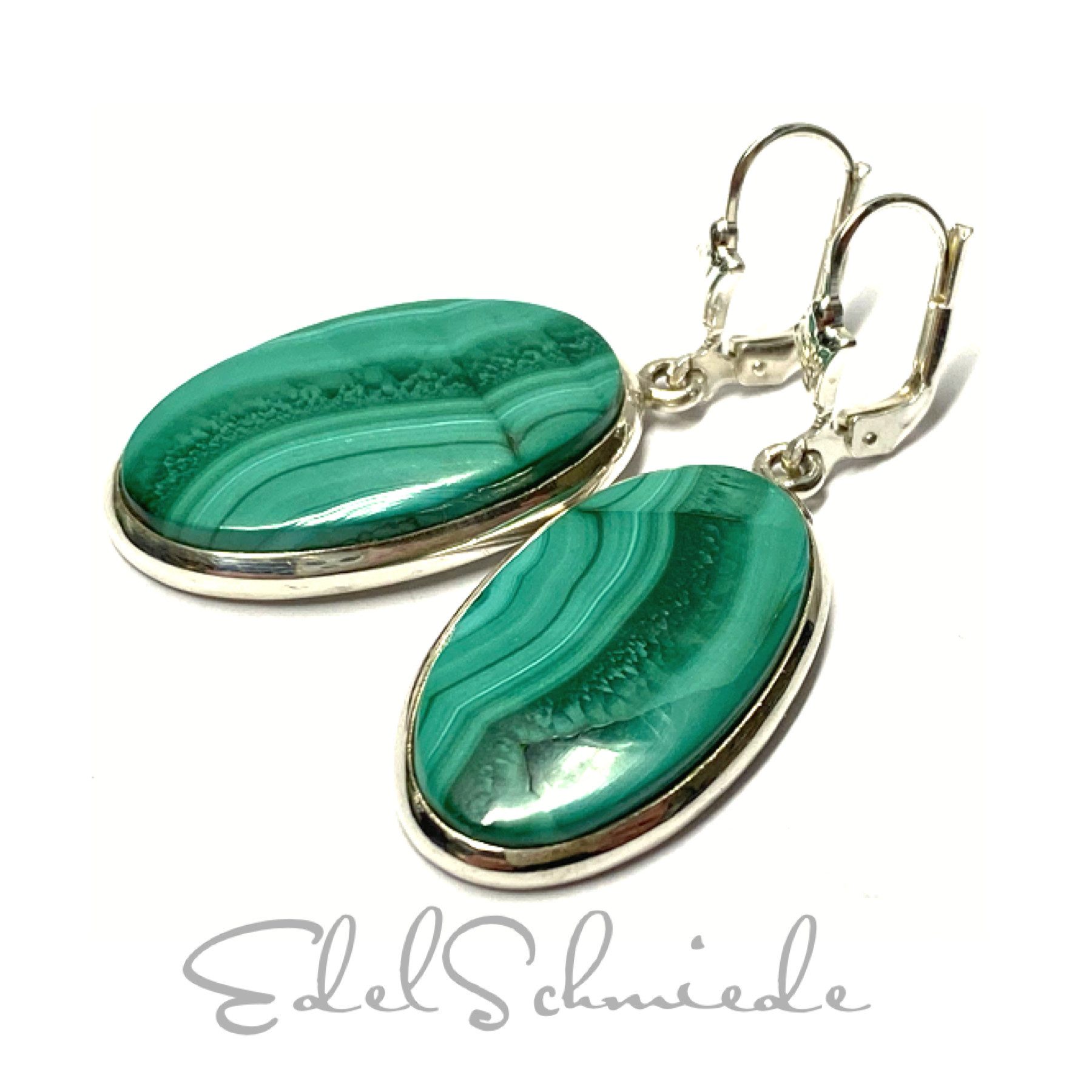 Edelschmiede925 Silberring Ohrring 925 Malachit Cabochon oval Ohrhänger Ohrschmuck