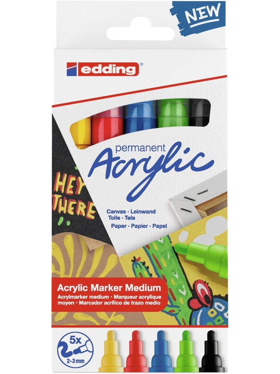 edding Marker Acrylmarker Set 5-teilig mit Rundspitze für Leinwand und Papier, wasserfest lichtecht permanent seidenmatt