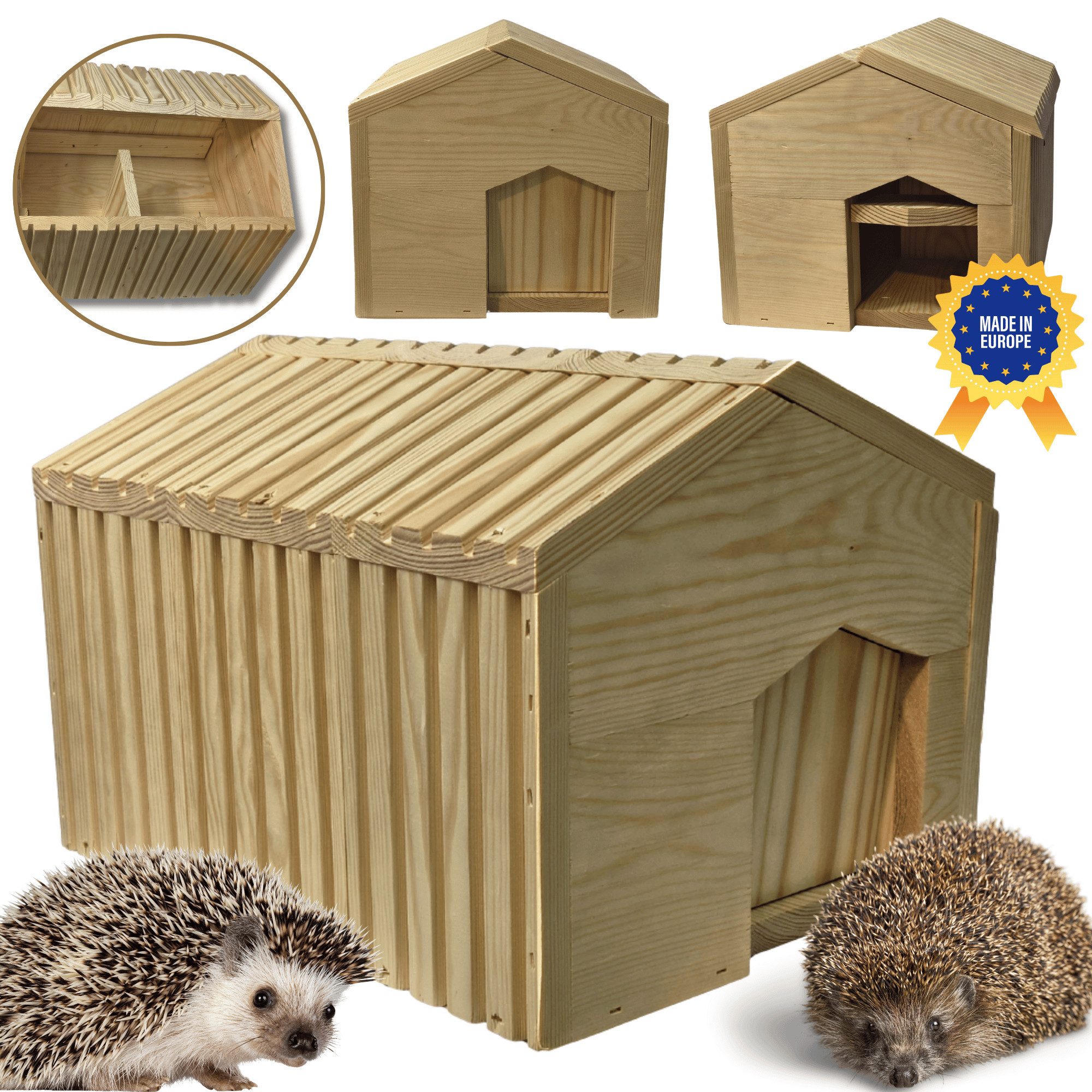 Modo24 Igelhaus mit Boden XXL Winterfest Igelhütte Labyrintheingang, 25x36x27 cm Bausatz Igelfutterhaus Winterschlaf & Nisthaus FSC Holz