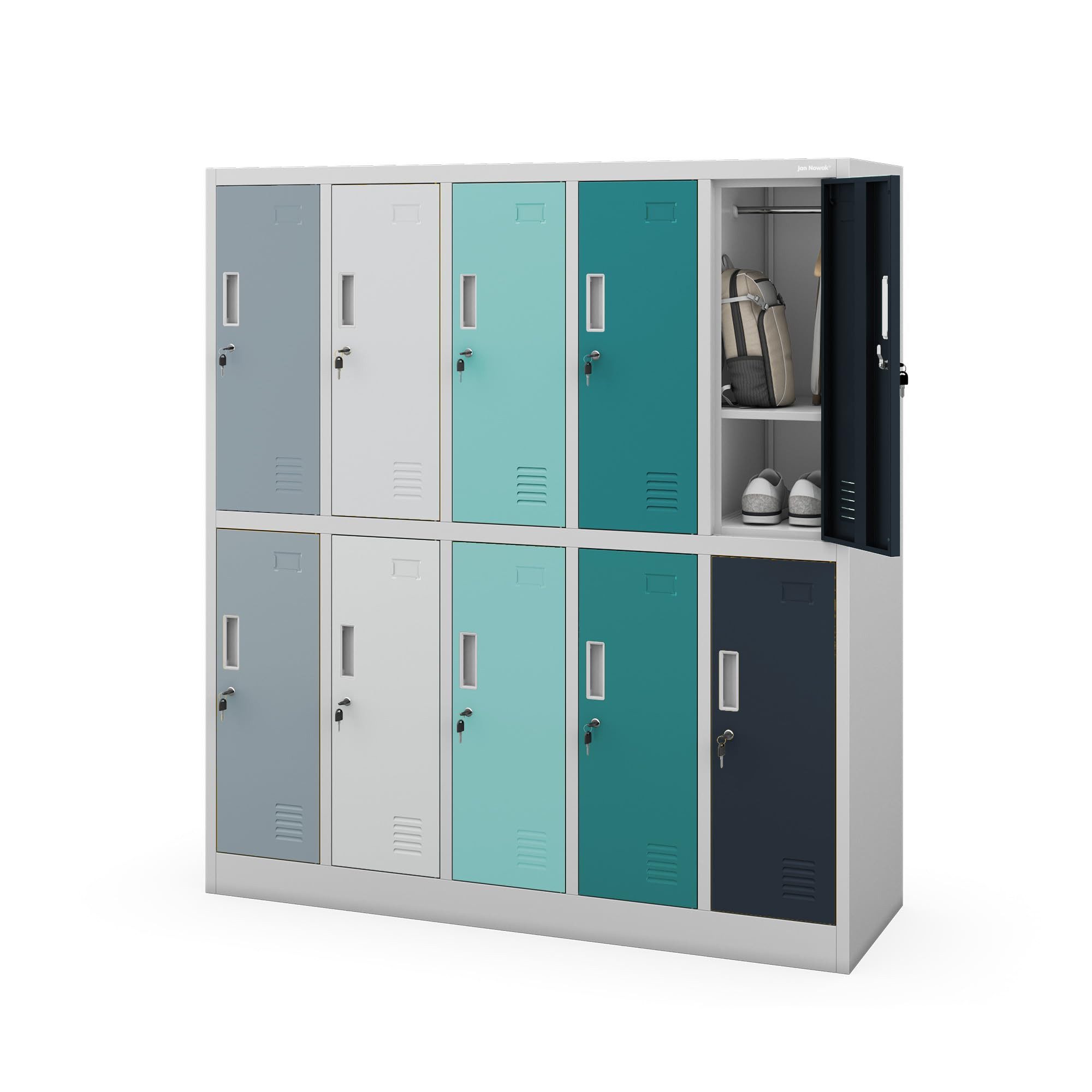 Jan Nowak Mehrzweckschrank Metall Schulspind 136 cm BARTUS 10 Fächer abschließbar 150 cm (Spind Kindergartenspind Umkleide Sportverein Flur Kinder, 0,6 mm 150 x 136 x 45 cm Wandmontage Zylinderschloss 30 kg 66 kg) Lüftungsschlitze Namensschildhalter Kleiderstange Ablage 5 Farben