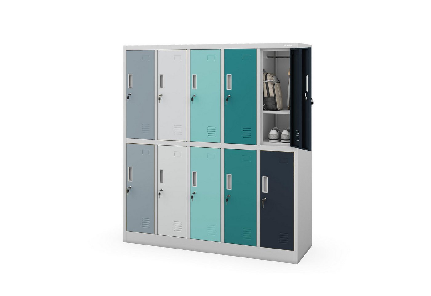 Jan Nowak Mehrzweckschrank Metall Schulspind 136 cm BARTUS 10 Fächer abschließbar 150 cm (Spind Kindergartenspind Umkleide Sportverein Flur Kinder, 0,6 mm 150 x 136 x 45 cm Wandmontage Zylinderschloss 30 kg 66 kg) Lüftungsschlitze Namensschildhalter Kleid