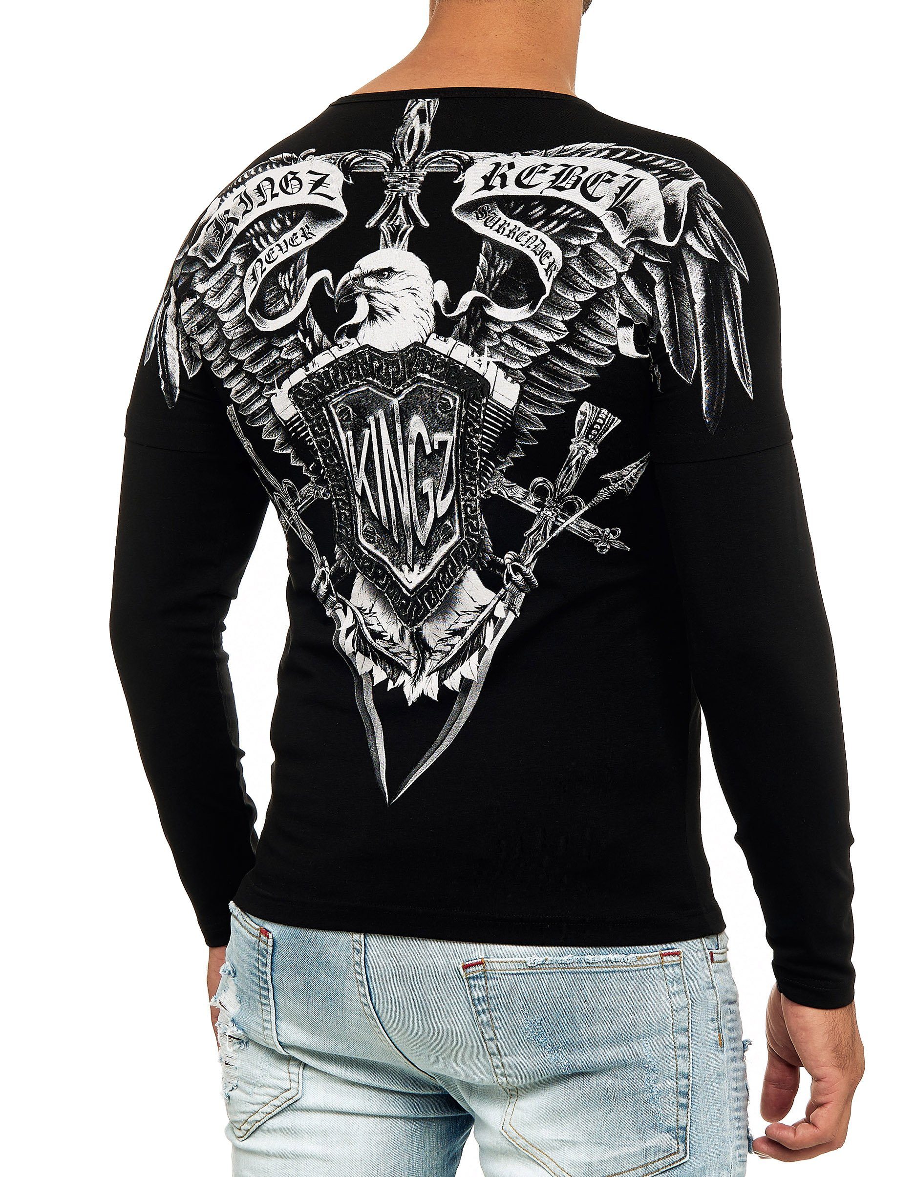 KINGZ Adler-Motiv Langarmshirt mit schwarz-silberfarben Body-Fit in