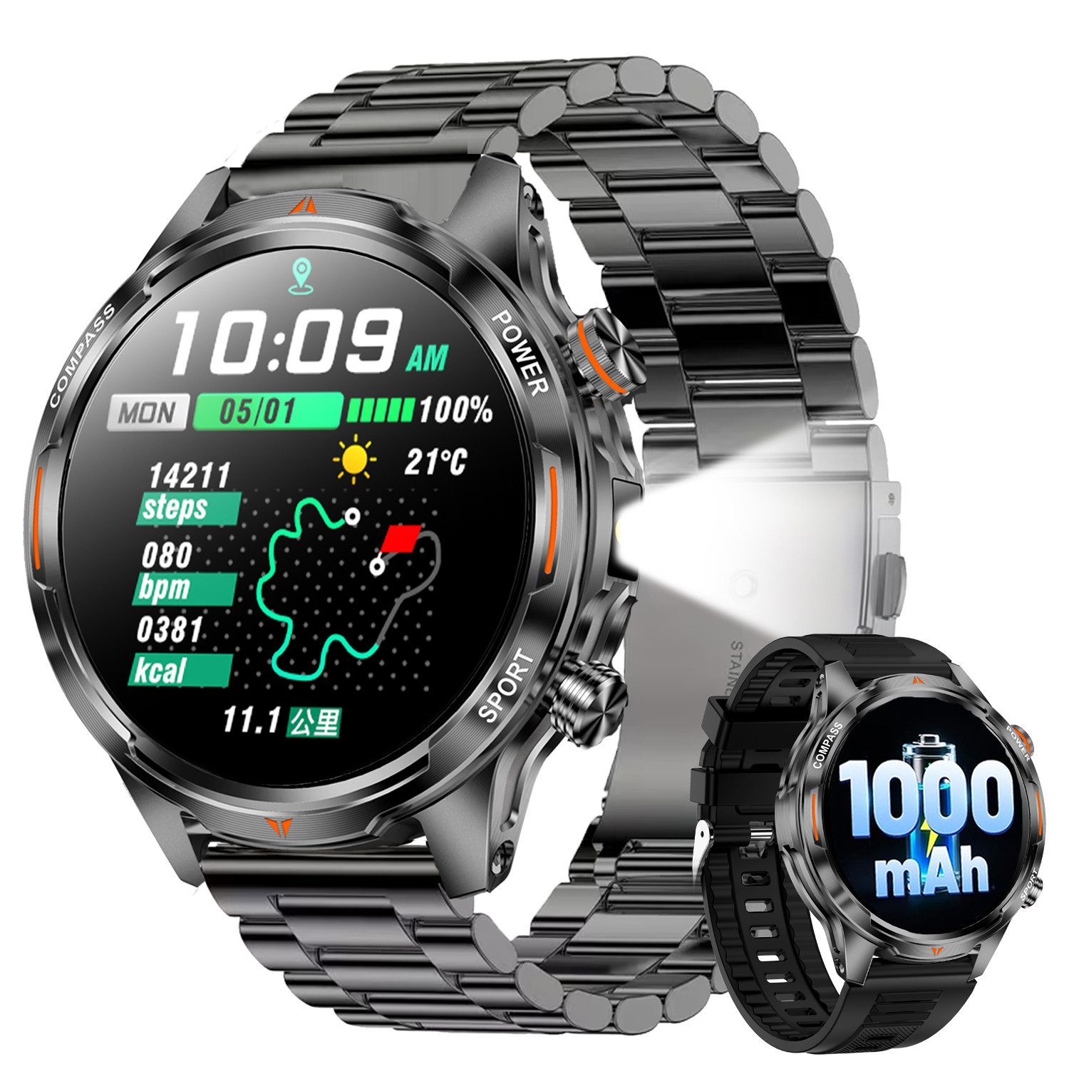 ANYSUN Smartwatch Herren,Sportuhr mit LED Taschenlampe & Kompass, Smartwatch (1,7 Zoll) IP68 Wasserdicht,100+ Sportmodi,mit Bluetooth,Fitness Tracker, Puls-SpO2-Schlaf-Monitor,Schrittzähler,2 Armbändern,für Android iOS