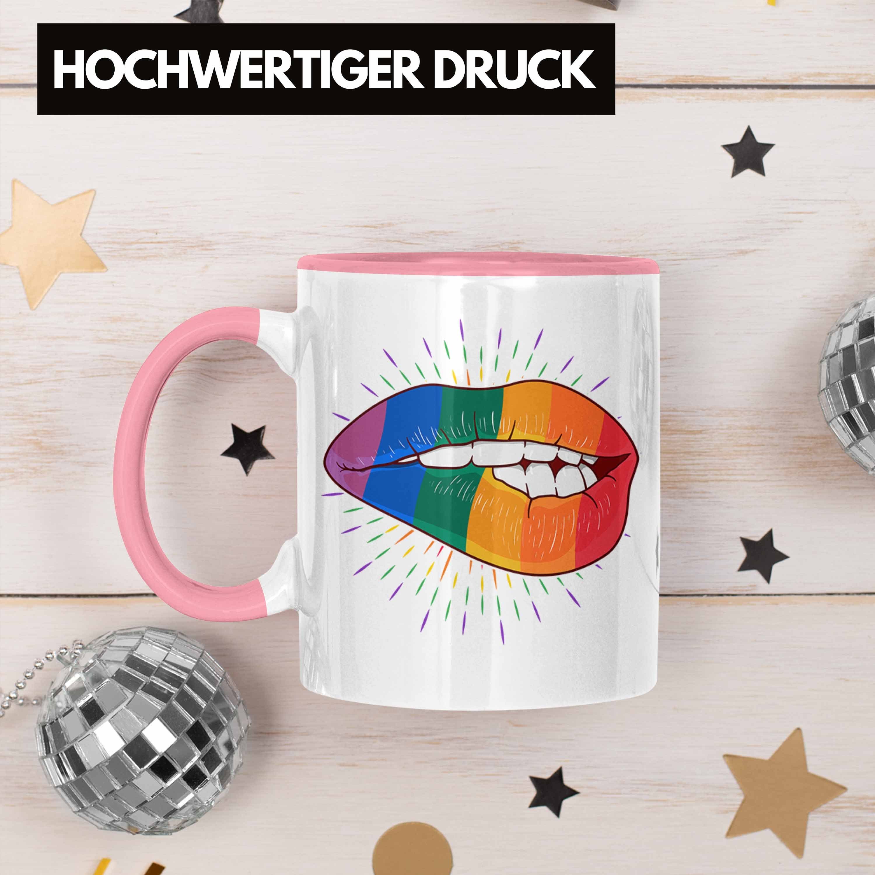 Transgender Rosa Tasse Regenbogen Lippe Lustige Lesben - Grafik Geschenk Trendation Regenbogen Trendation Bunte Tasse LGBT Schwule für