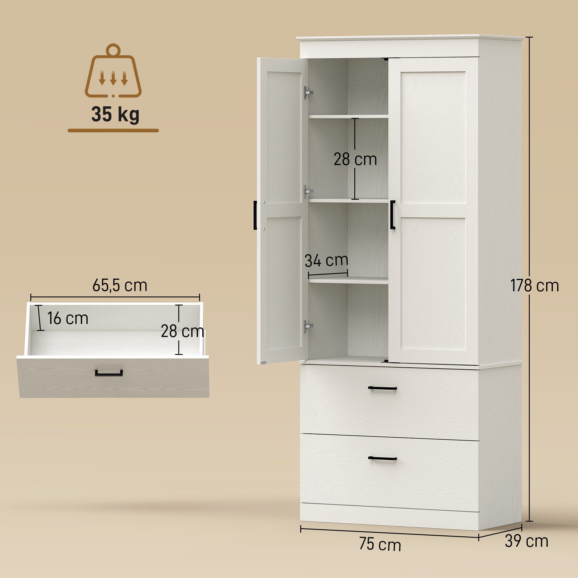 HOMCOM Hochschrank Buffetschrank mit 2 Schubladen (Set, 1-St., 1er Set) Kippsicherung, verstellbare Einlegeböden – Bild 3 von 5