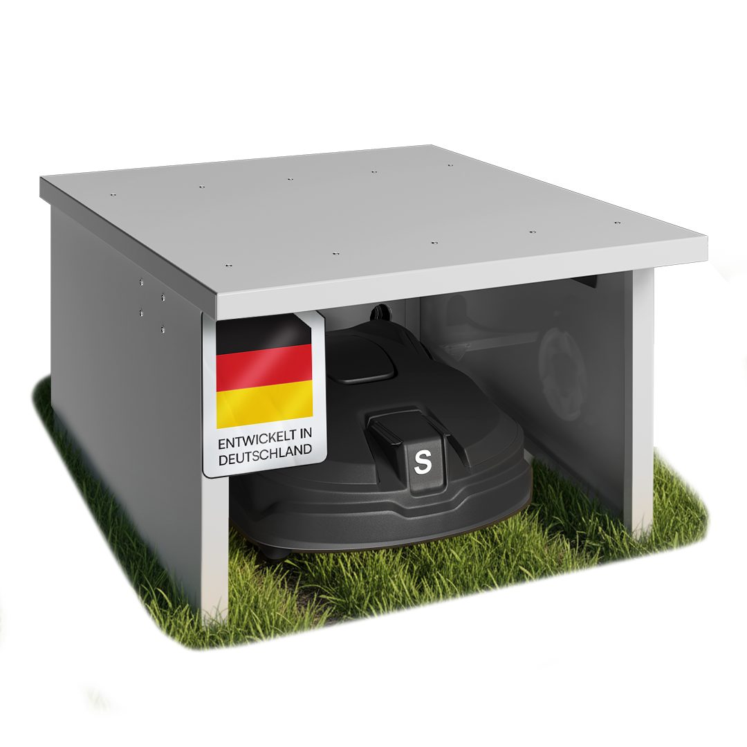 STEELSØN Mähroboter-Garage Drakon mit aufklappbarem Pultdach, BxTxH: 77x90x53,5 cm, für gängige Rasenmähroboter, (Silber, Mähroboterhaus aus Metall, wetterfest), Rasenmäher Unterstand, mit Kabeldurchlass