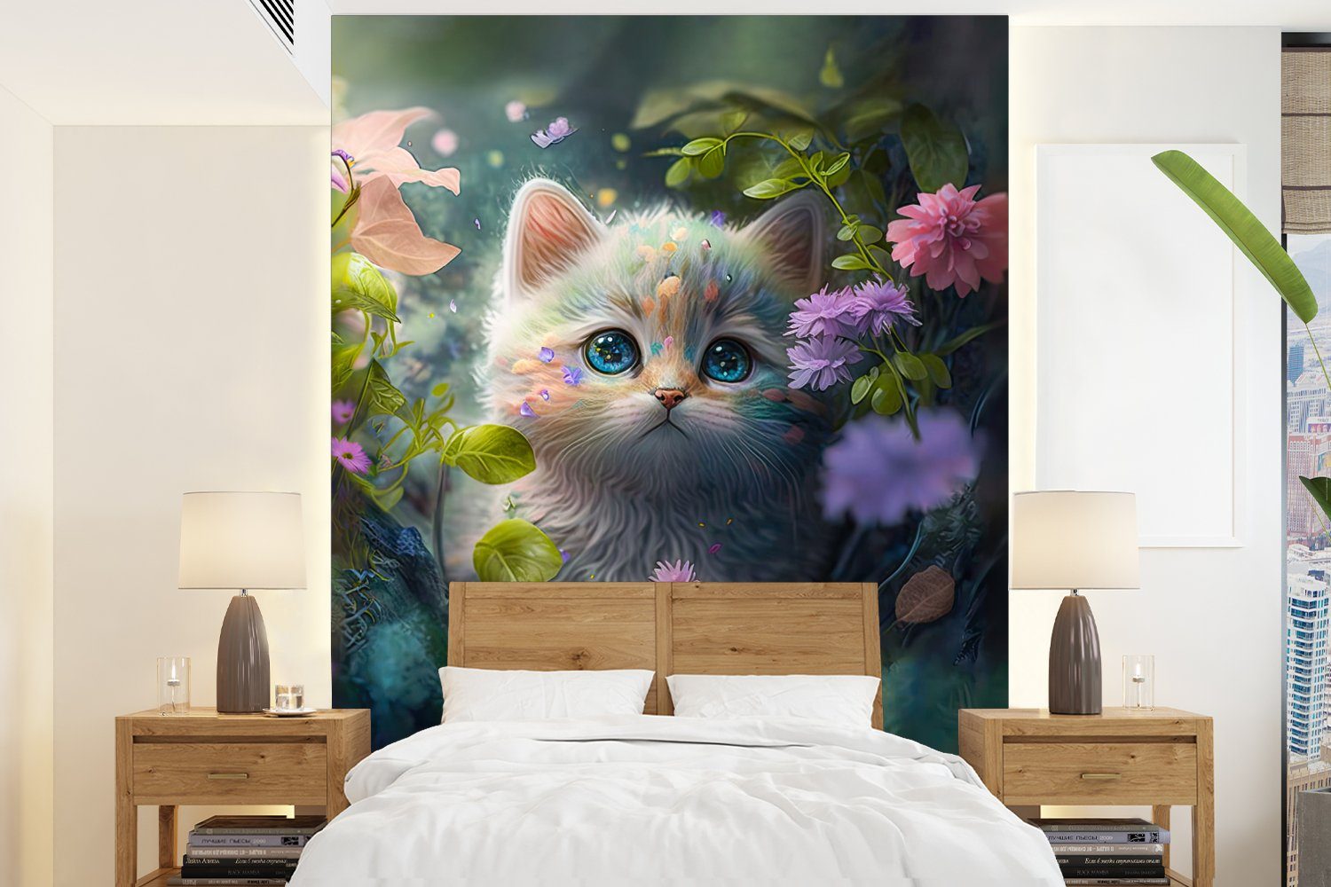 MuchoWow Fototapete Kätzchen - Blumen - Wald - Illustration - Katze, Matt, bedruckt, (4 St), Montagefertig Vinyl Tapete für Wohnzimmer, Wandtapete