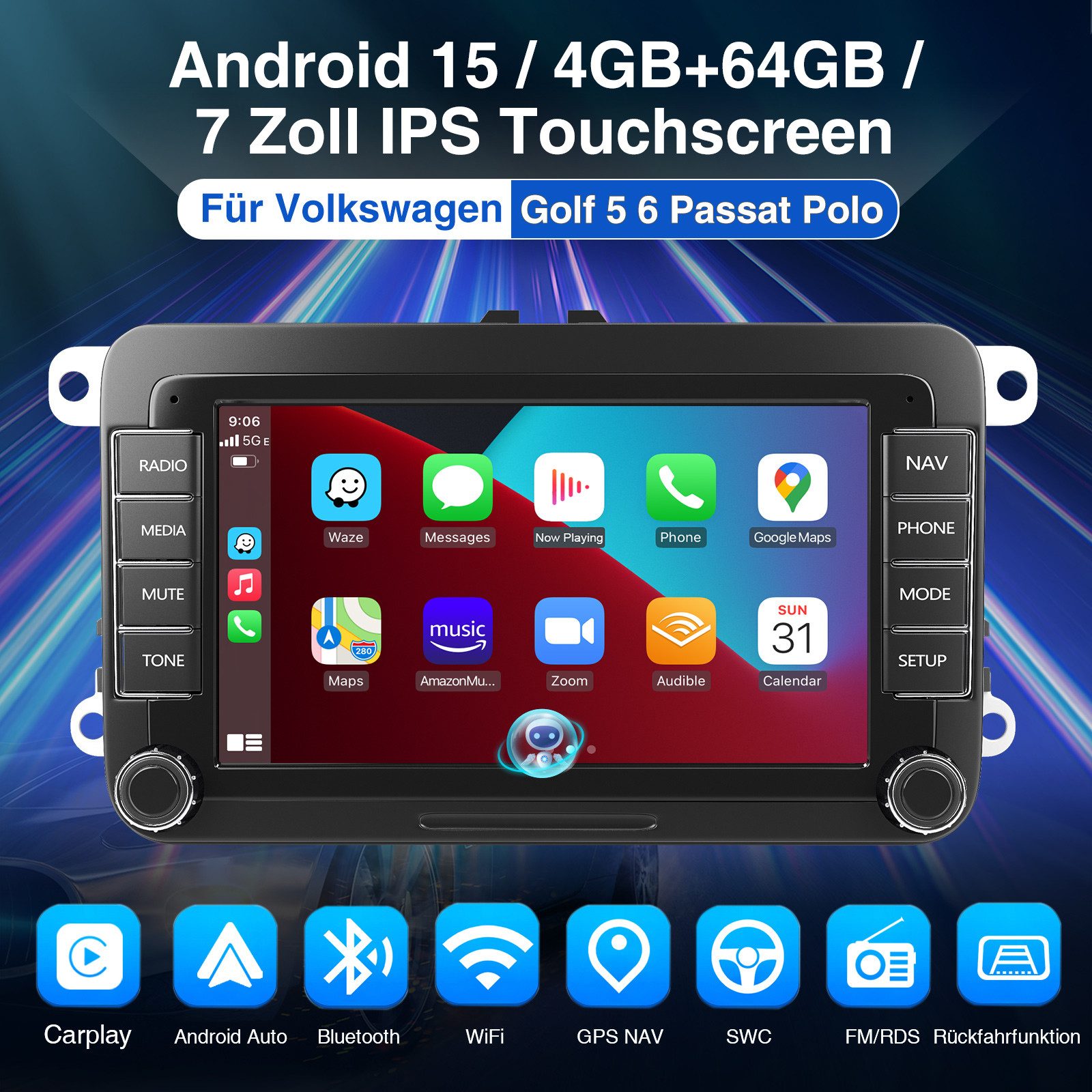 ESSGOO 7" Android 15 Für VW GOLF 5 6 Touran Polo Passat Caddy Seat Skoda EOS Autoradio (RDS, FM, DAB+ (optional), 2 DIN Carplay Android Auto Bluetooth EQ USB GP – Bild 2 von 5