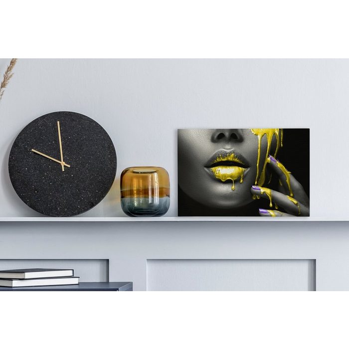 OneMillionCanvasses® Leinwandbild Lippen - Gelb - Schwarz (1 St) Wandbild Leinwandbilder Aufhängefertig Wanddeko