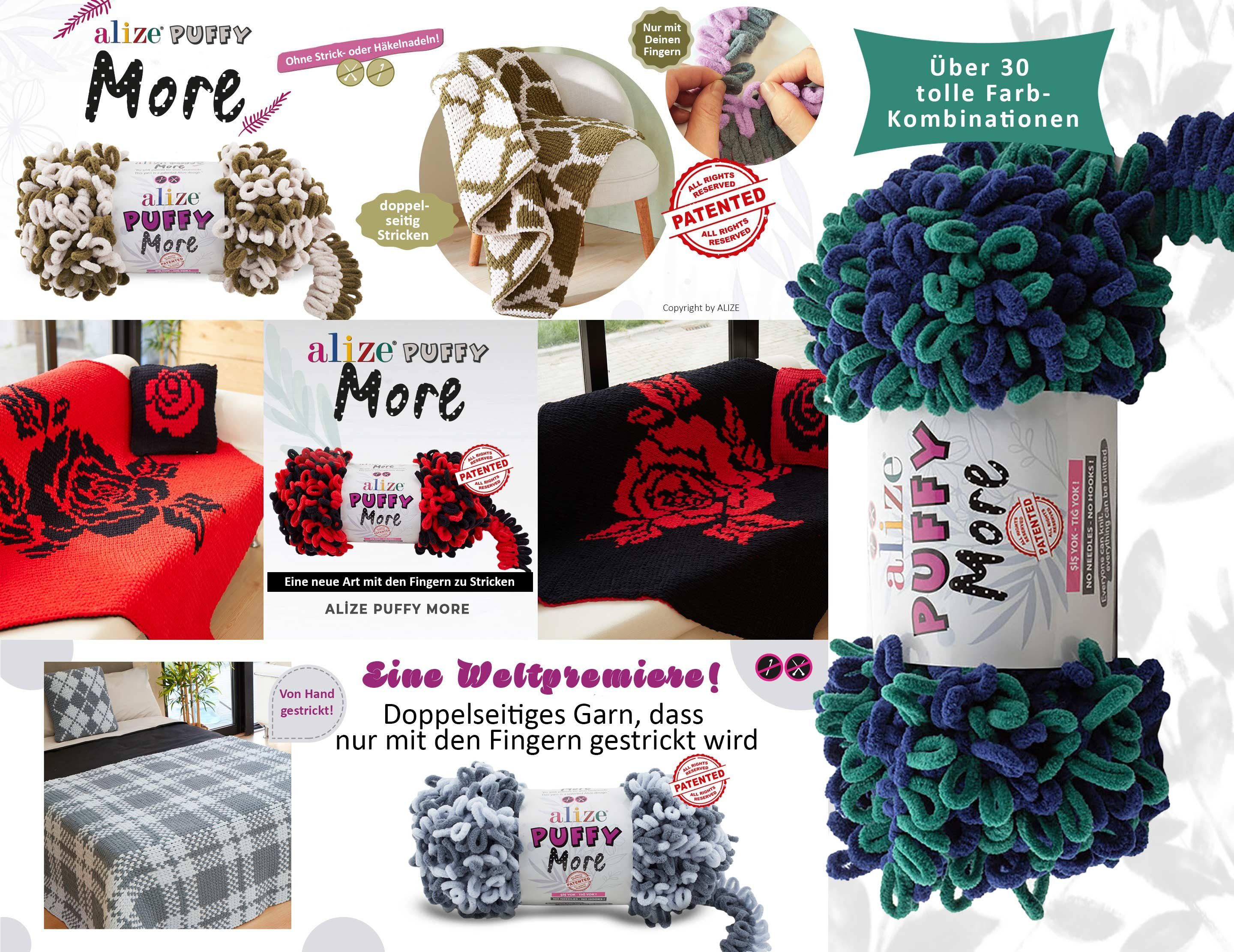 Alize 10 x 150g Strickgarn Alize Puffy More Color Häkelwolle, 115 m (Paket, 10-St), 6542 creme-petrol