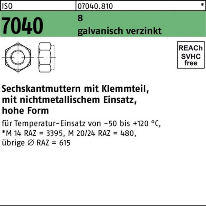 Reyher Muttern 100er Pack Sechskantmutter ISO 7040 Klemmteil M8 8 galv.verz. 100 Stü