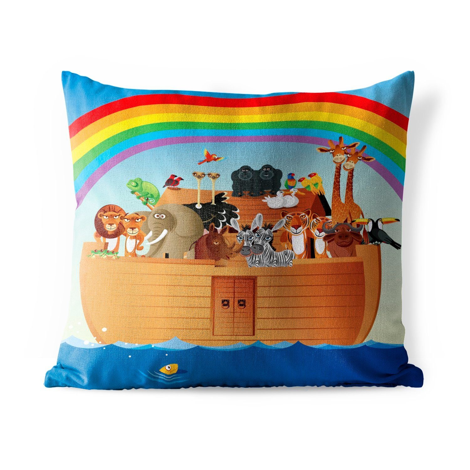 MuchoWow Dekokissen Eine Illustration von Noahs Arche unter dem Regenbogen, Kissenbezüge, Kissenhülle, Dekokissen, Dekokissenbezug, Outdoor