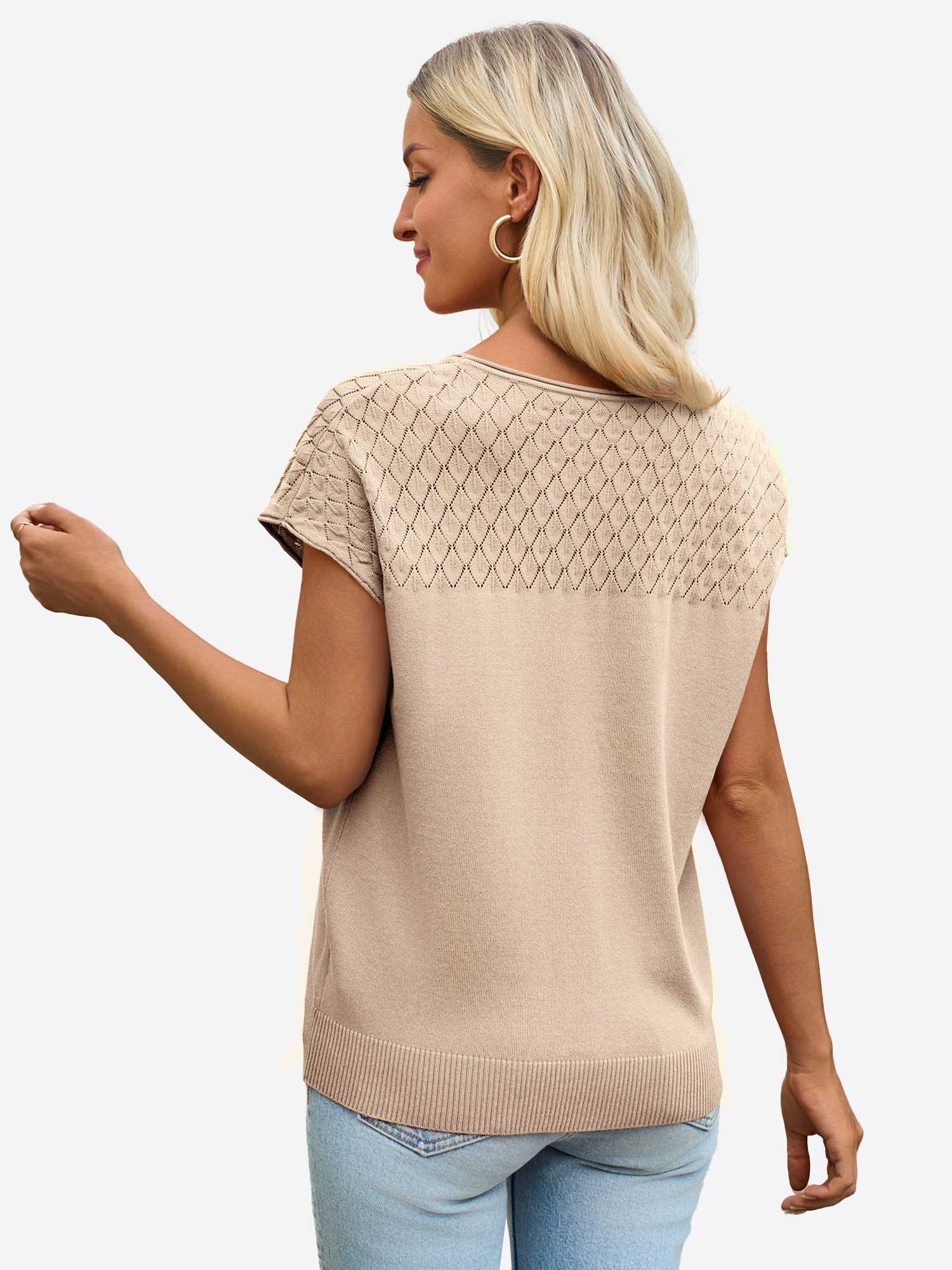 Imily Bela T-Shirt Damen Freizeit Kurzarm Strickshirt (Packung, 1-tlg., 1per-Pack) mit Häkeldetail – Bild 2 von 5