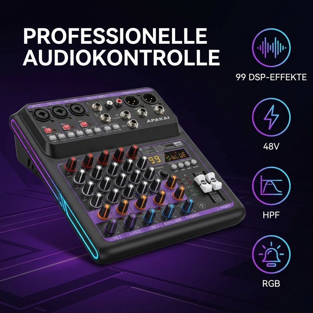 nsihing Mischpult 5-Kanal DSP Digital Mischpult, Audio Mixer mit 99 DSP Effekten, USB, Audio Interface, 48V Phantomspeisung, Bluetooth MP3 Player – Bild 2 von 5