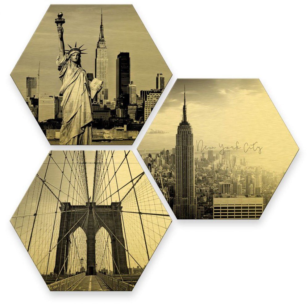 Wall-Art Mehrteilige Stadt Bilder Goldeffekt Set, 3 (Set, New York St)