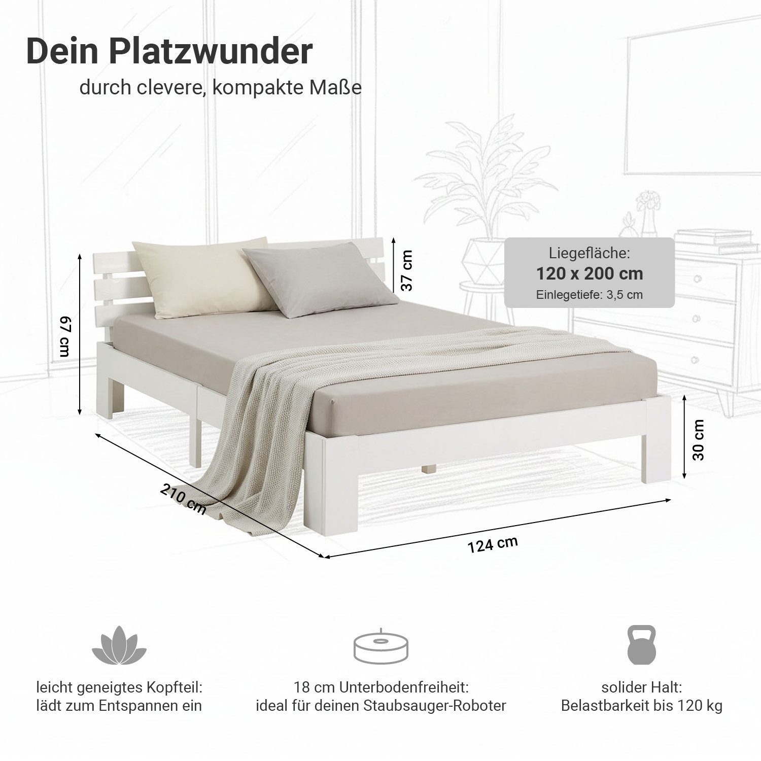 Homestyle4u Holzbett 90x200 140x200 160x200 180x200 Bettkasten Lattenrost Natur Weiß Grau (Set, mit Lattenrost, 1x Komfortschaumatratze H3 mit OEKO-TEX® Standard 100), 120x200, Kiefer, Weiß, schlicht