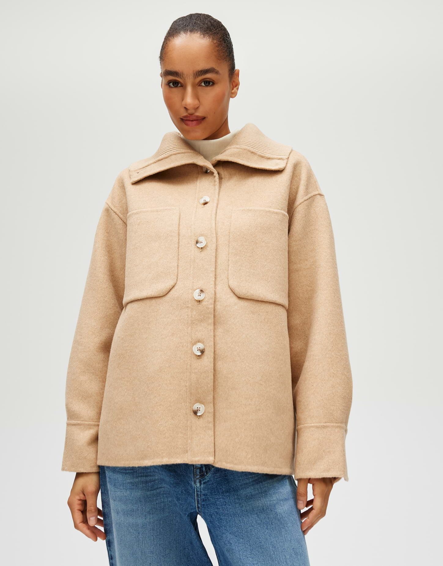 OPUS Wolljacke JOSIA mit breitem Strickkragen überschnittene Schulter mit Langarm, aufgesetzte Taschen vorne