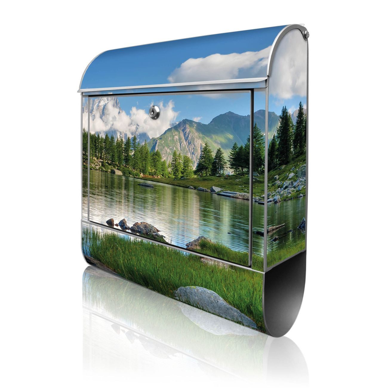 banjado Wandbriefkasten Silber Stahl mit Motiv Gebirgssee (Wandbriefkasten witterungsbeständig, pulverbeschichtet, mit Zeitungsfach), 47 x 39 x 14 cm