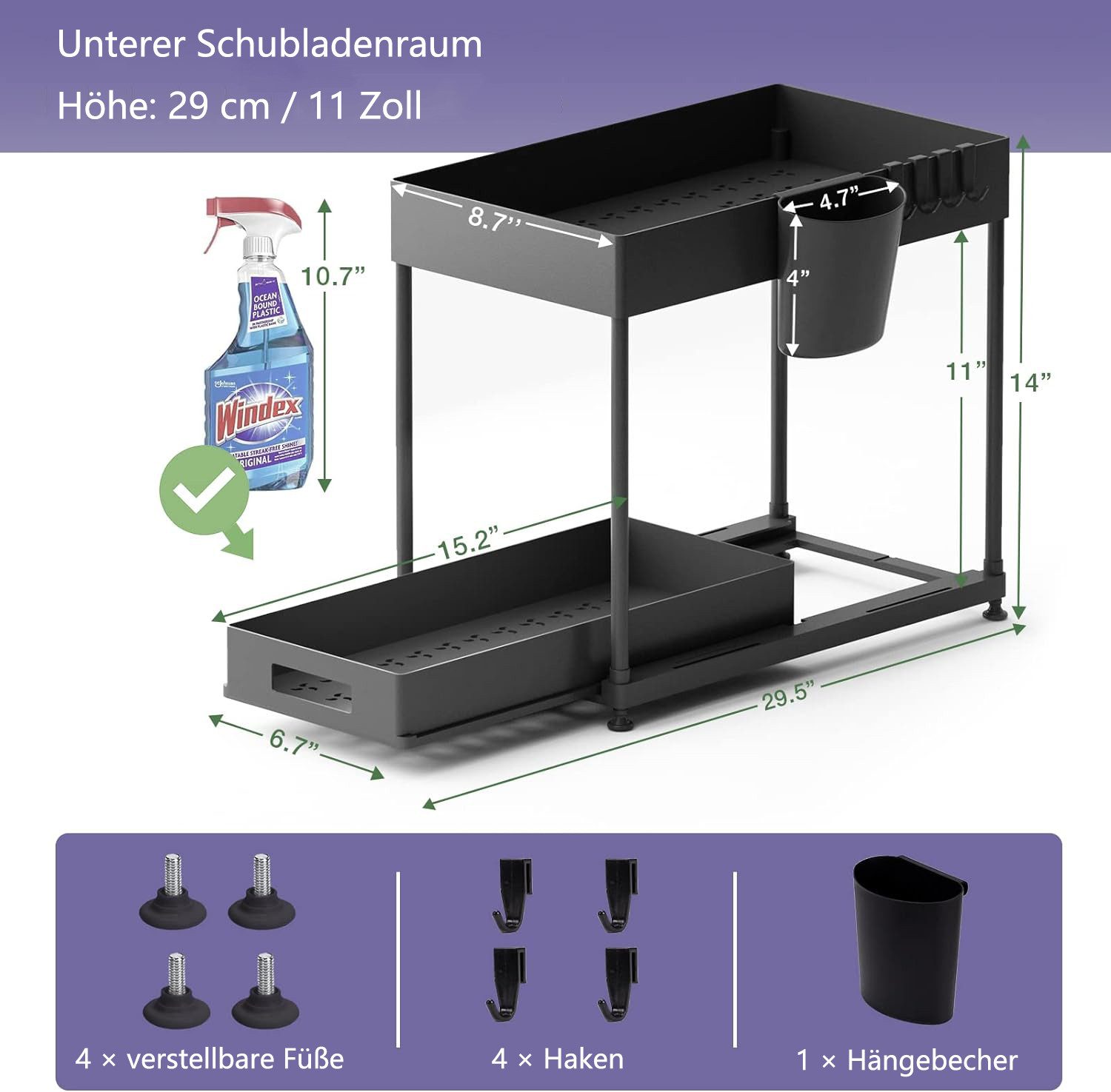 Refined Living Ablageregal Waschbecken Regal, Küchenschrank Organizer, Spülschrankregal Organizer, Lagerregal mit 2 Ebenen, mit Schiebeschublade, 4 Haken und 1  – Bild 5 von 5