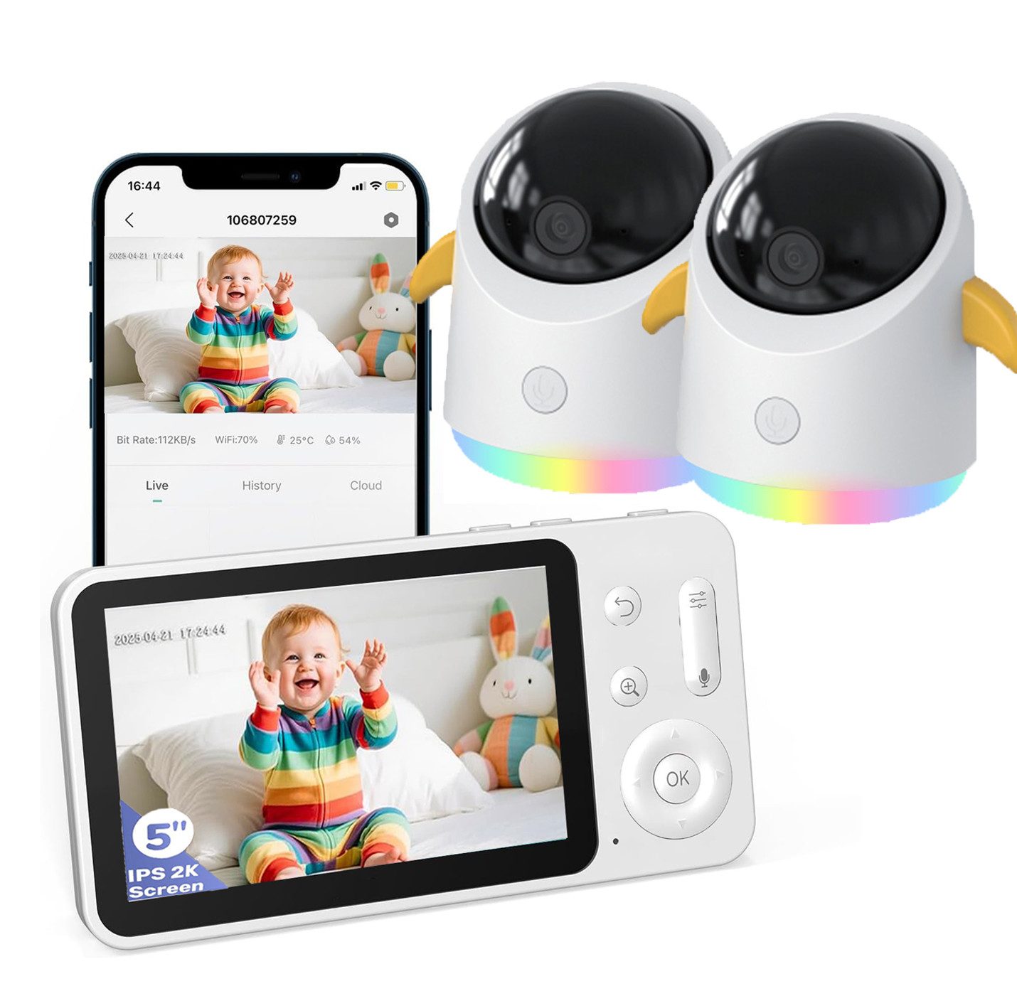 Babyphone 2K Babyphone mit 2 Kameras PTZ 360° WLAN Video Baby Monitor mit App