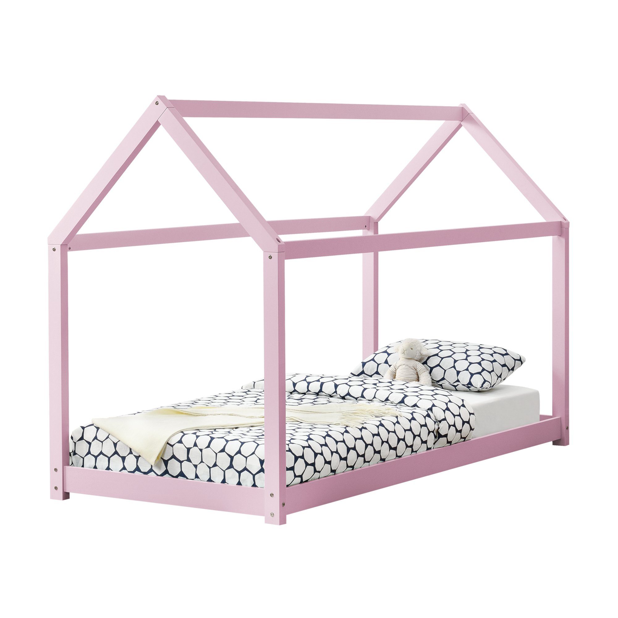 en.casa Kinderbett, »Netstal« Hausbett 90x200cm aus Kiefernholz rosa