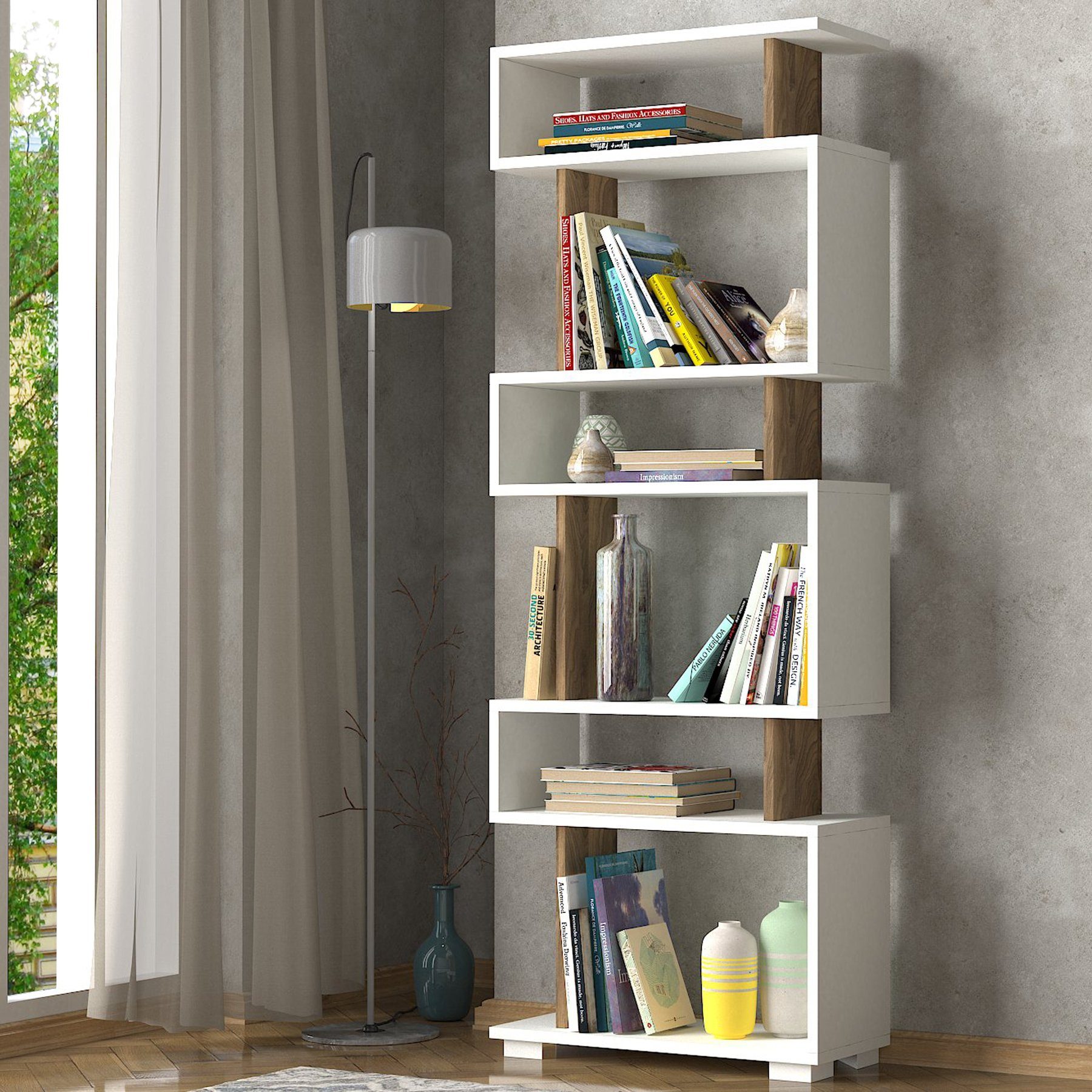 Bücherregal Walnuß ausgefallenem Blok Design Weiß, Standregal mit Weiß moebel17