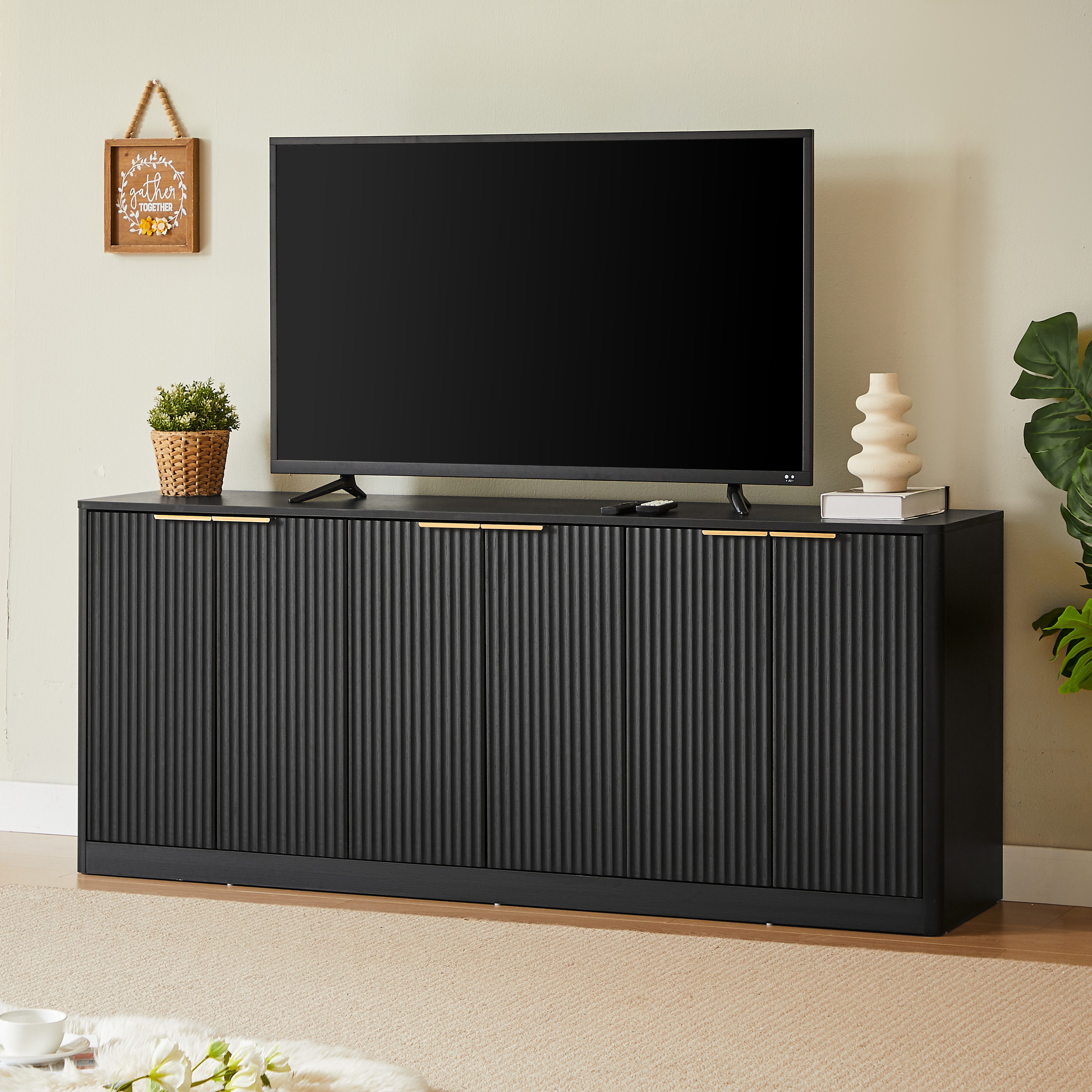 Odikalo Sideboard Lowboard TV-Schrank mit Wellenform (170cm Aufbewahrungsschrank mit geschwungenem Konturdesign,6-türiger Schrank mit Aufbewahrungsfunktion,geeignet für Küche/Schlafzimmer/Wohnzimmer,Schwarz,170*40*70.5cm)