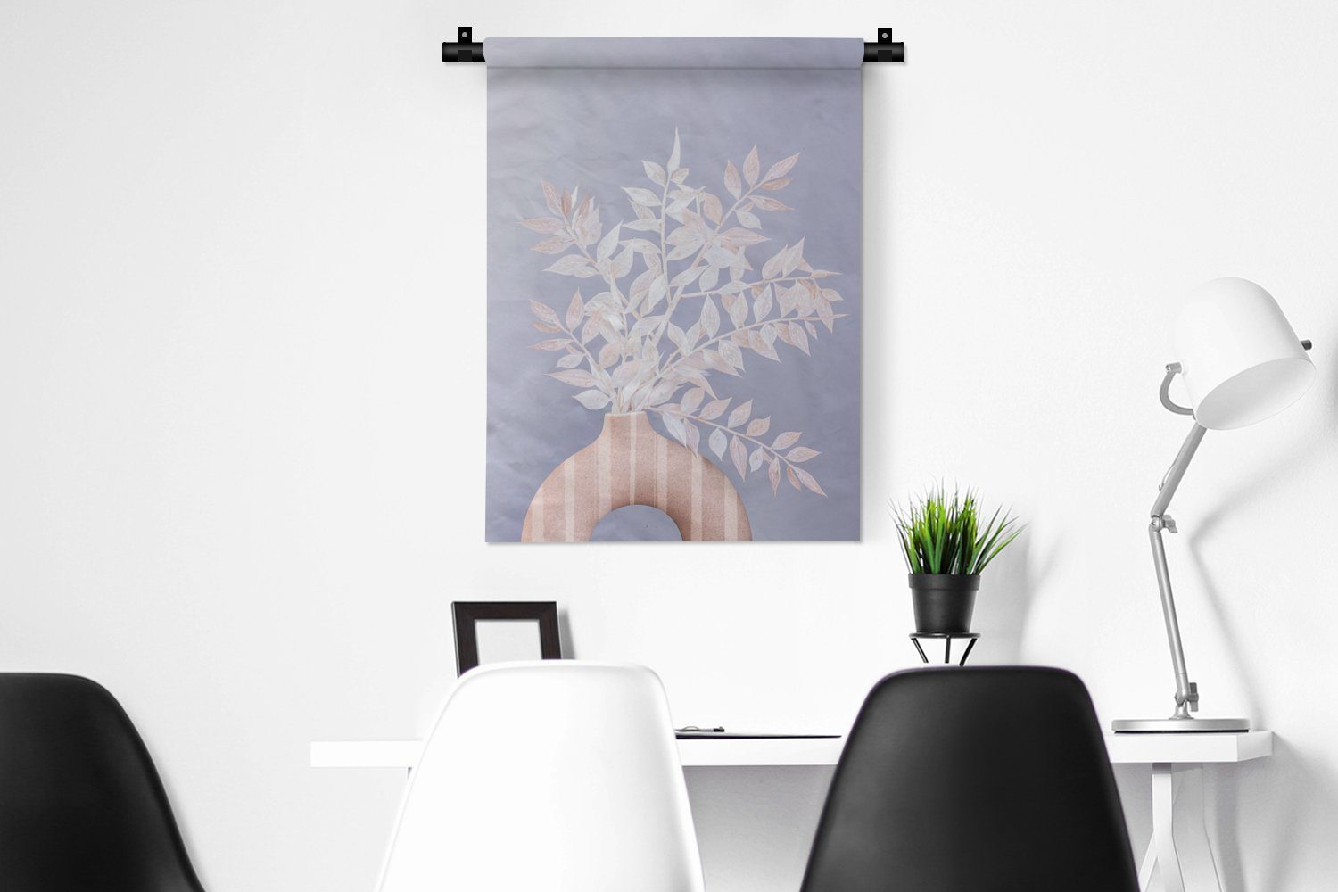 - für Schlafzimmer MuchoWow Weiß Deko Wanddekoobjekt Pflanzen Tapisserie, - Wohnzimmer, Wand, Lila, Vase der an -