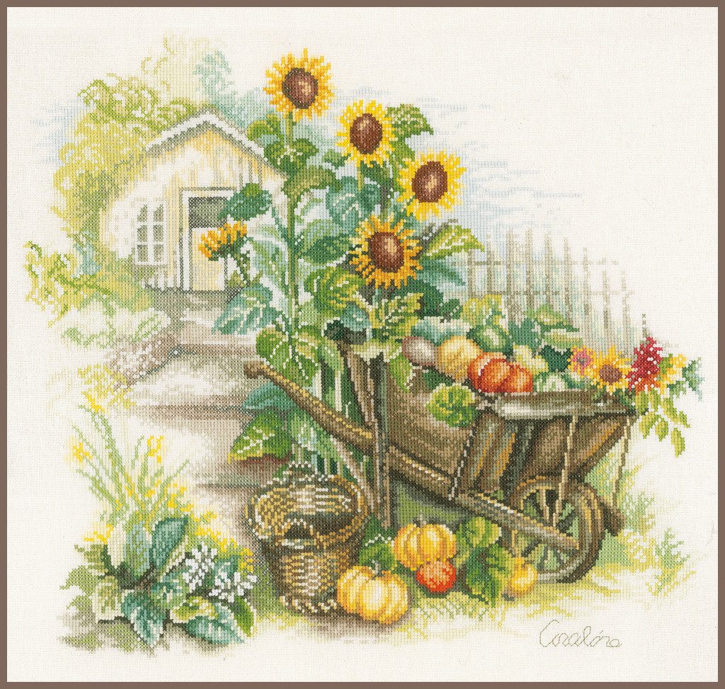 Lanarte Kreativset Lanarte Sonnenblumen und Schubkarre im Garten Kreuzstichpackung, (Set, embroidery Kit), Made in Europe